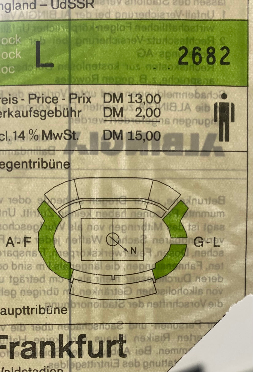 1988 ORIGINAL EURO 88 TICKET ENGLAND V SOVIET UNION @ FRANKFURT
