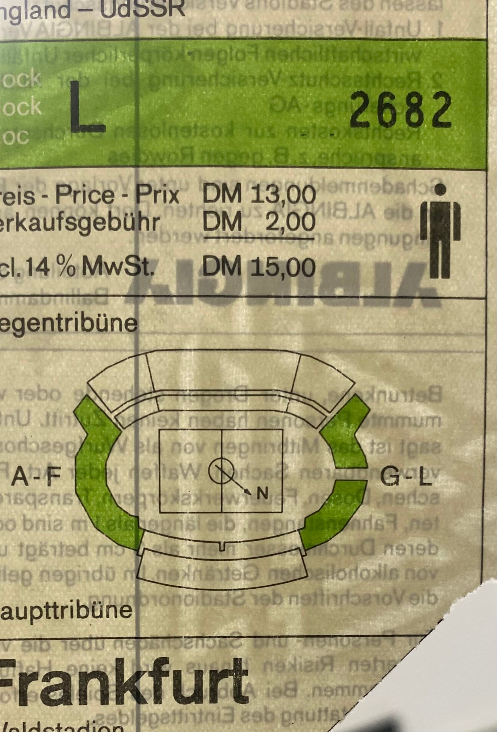 1988 ORIGINAL EURO 88 TICKET ENGLAND V SOVIET UNION @ FRANKFURT