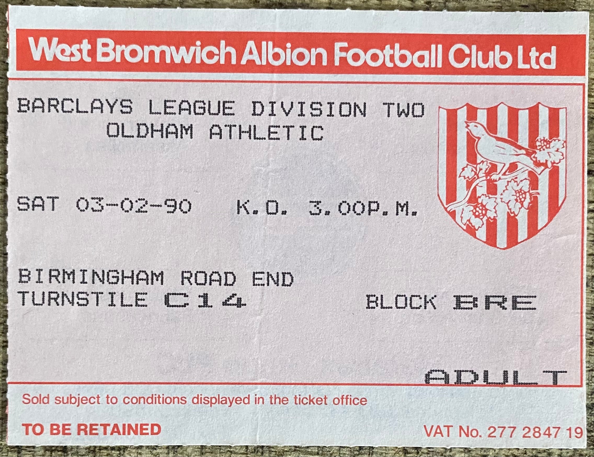 1989/90 ORIGINAL DIVISION 2 TICKET WEST BROMWICH ALBION V OLDHAM ATHLETIC