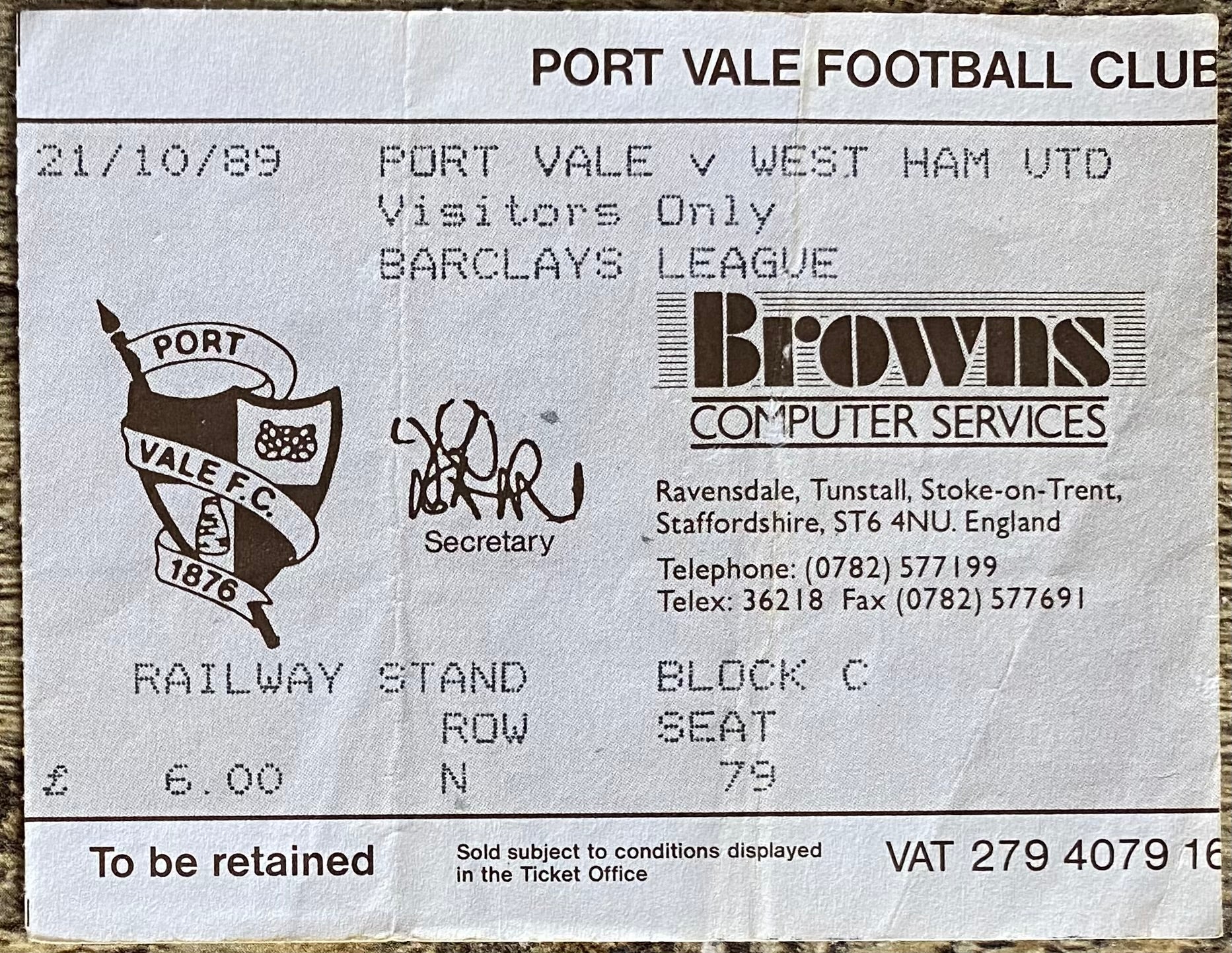 1989/90 ORIGINAL DIVISION 2 TICKET PORT VALE V WEST HAM UNITED