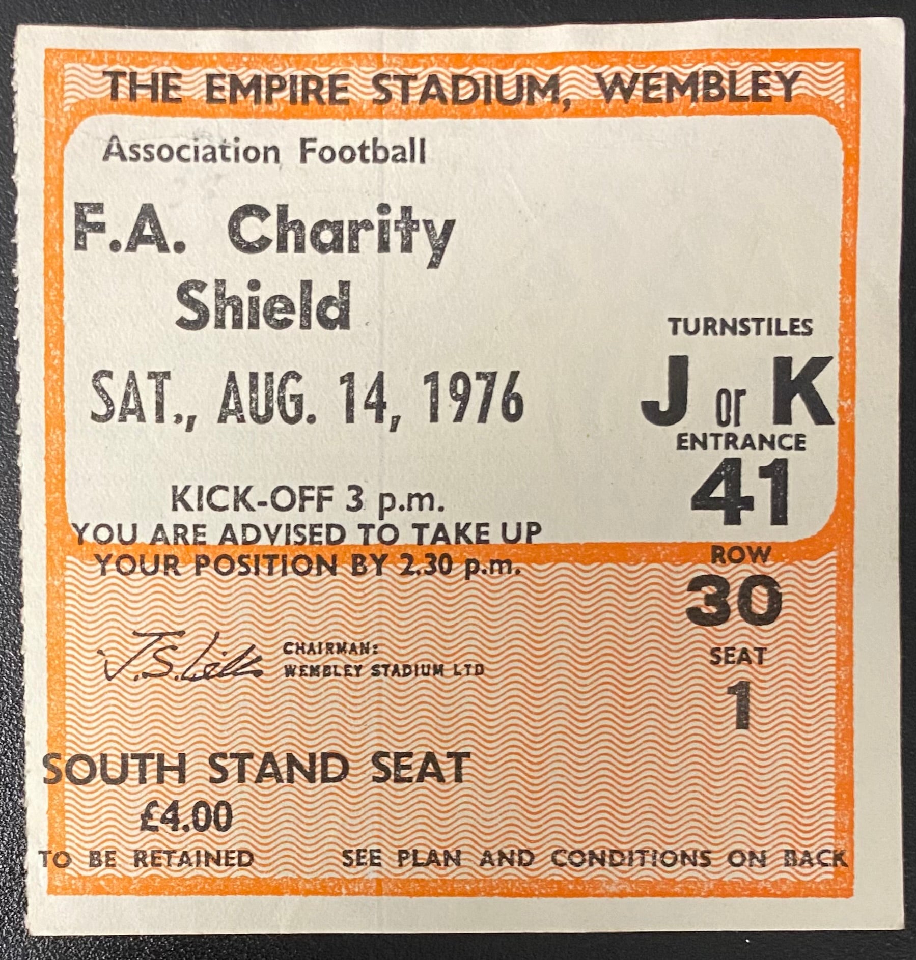 1976 ORIGINAL CHARITY SHIELD TICKET LIVERPOOL V SOUTHAMPTON