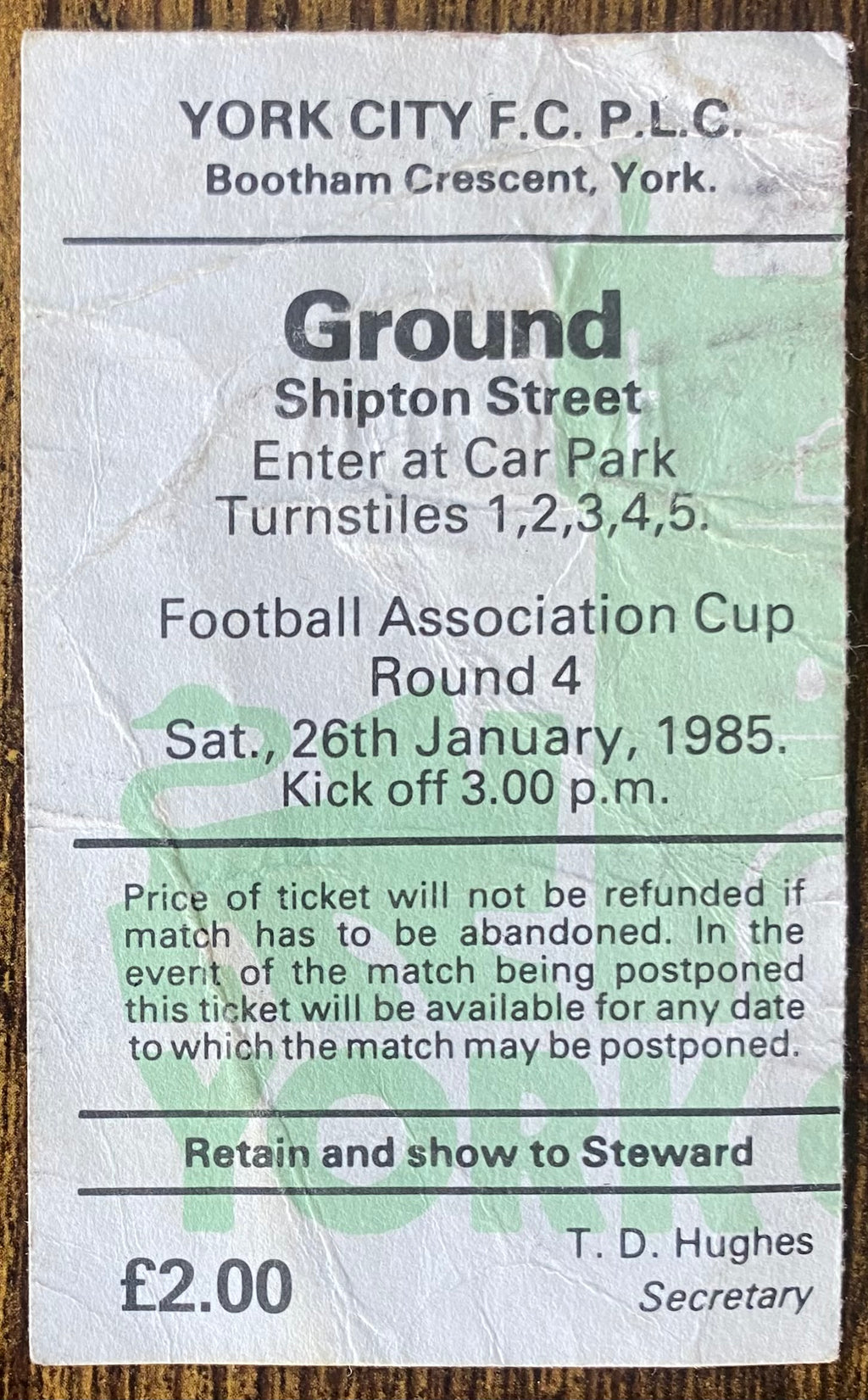 1984/85 ORIGINAL FA CUP 4TH ROUND TICKET YORK CITY V ARSENAL