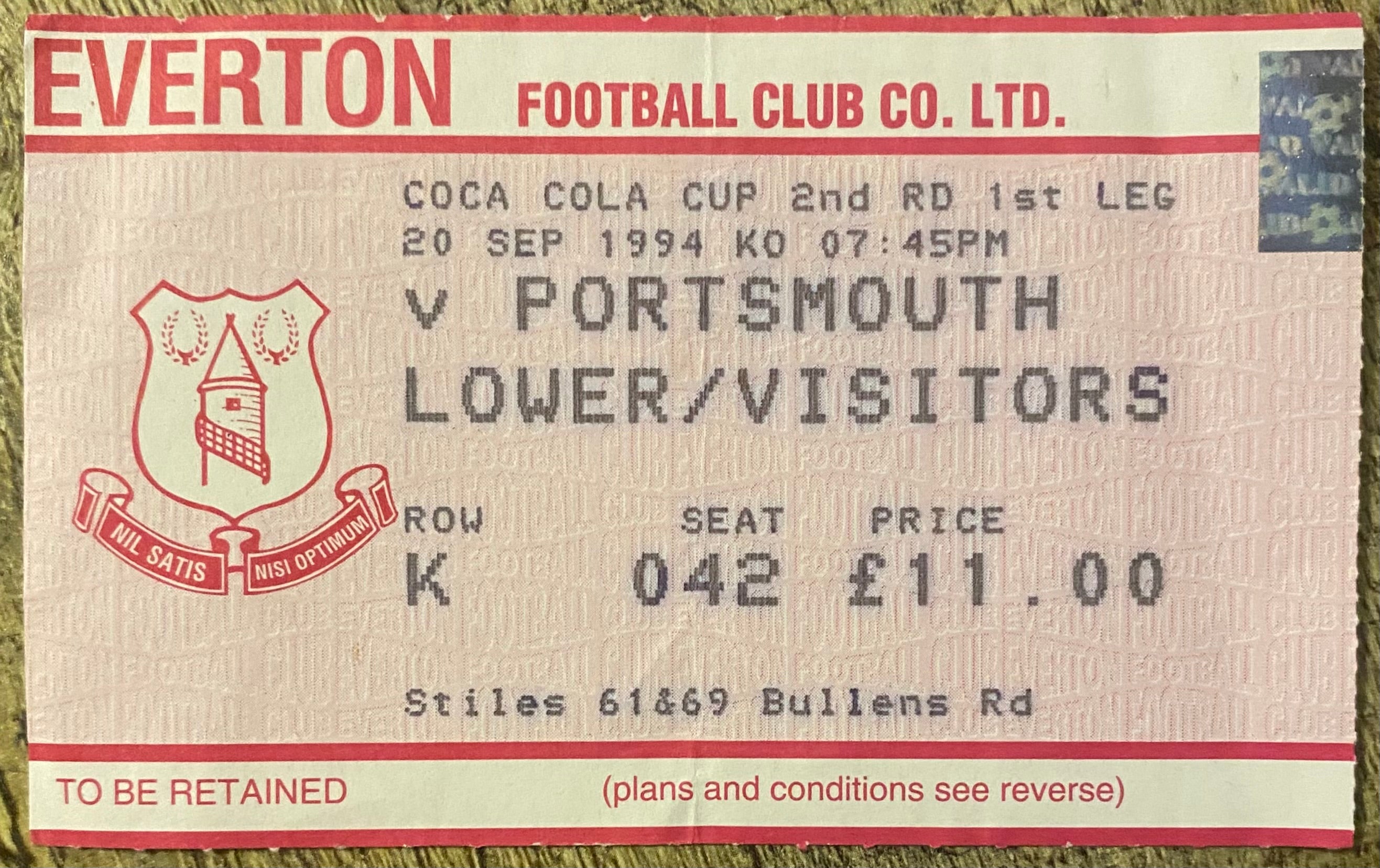1994/95 ORIGINAL COCA COLA CUP 2ND ROUND 1ST LEG TICKET EVERTON V PORTSMOUTH