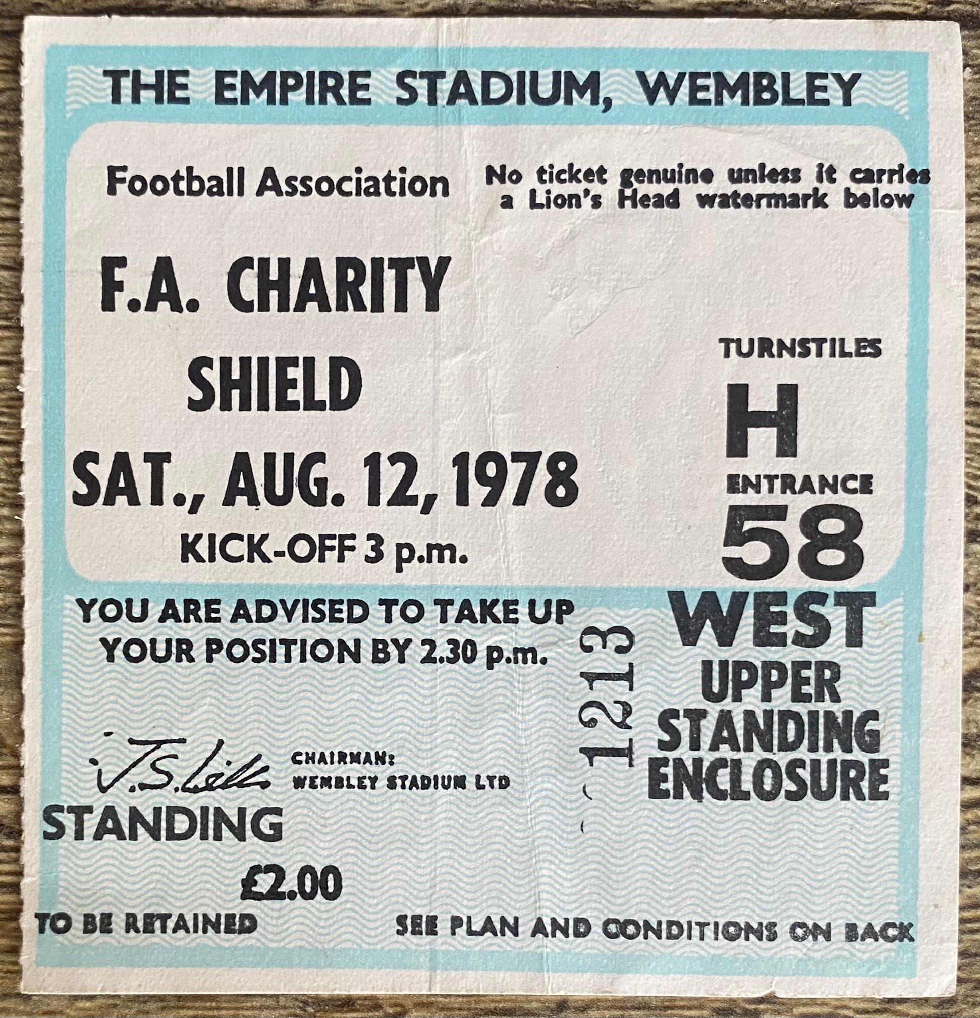 1978 ORIGINAL CHARITY SHIELD TICKET IPSWICH TOWN V NOTTINGHAM FOREST
