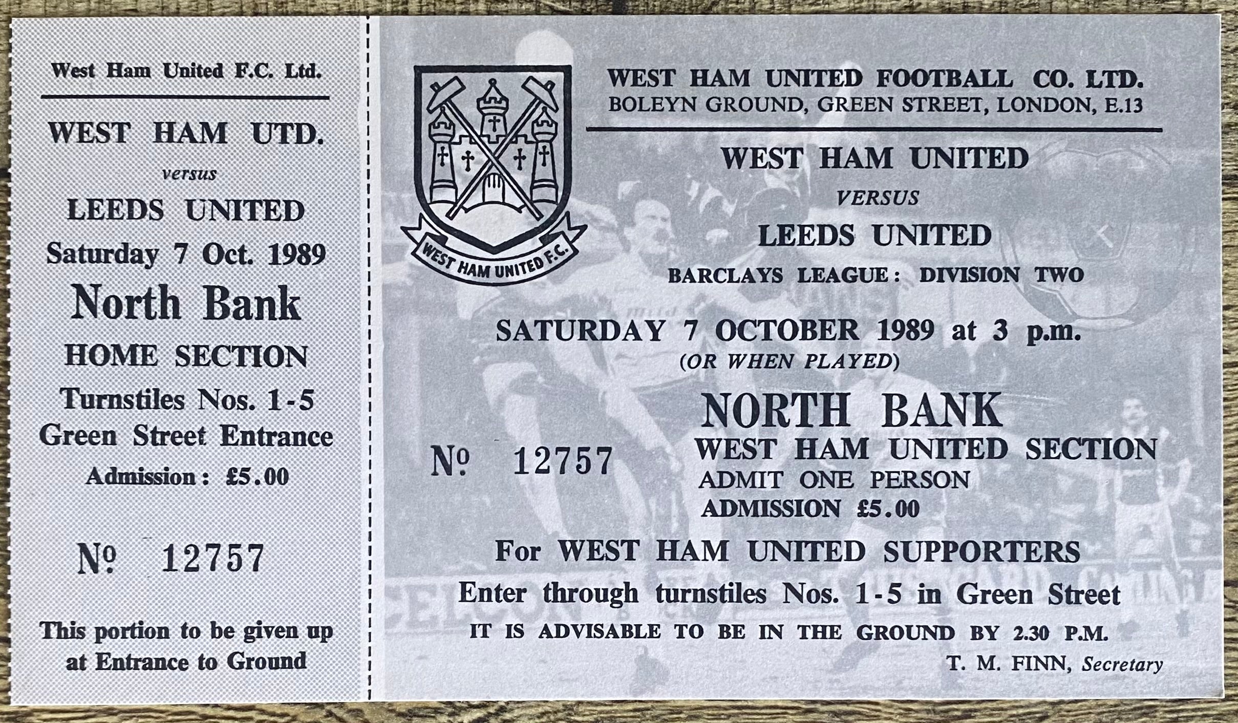 1989/90 ORIGINAL DIVISION 2 UNUSED TICKET WEST HAM UNITED V LEEDS UNITED
