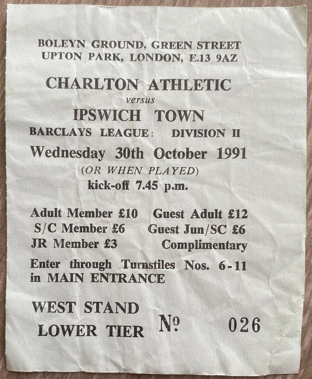 1991/92 ORIGINAL DIVISION 2 TICKET CHARLTON ATHLETIC V IPSWICH TOWN