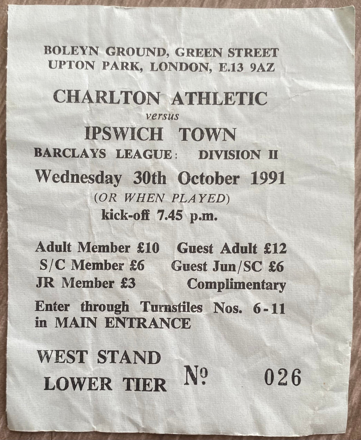 1991/92 ORIGINAL DIVISION 2 TICKET CHARLTON ATHLETIC V IPSWICH TOWN