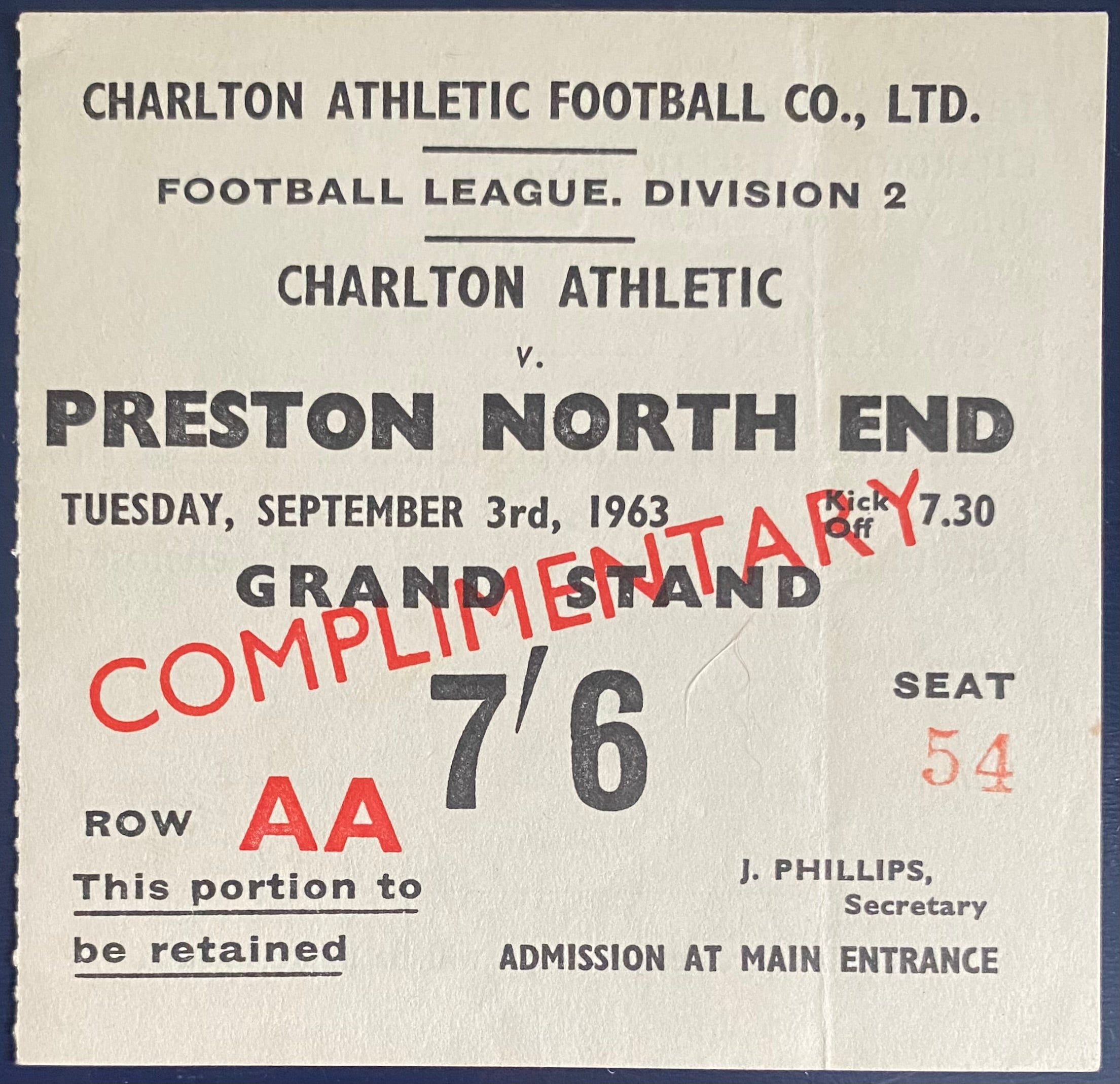 1963/64 ORIGINAL DIVISION 2 TICKET CHARLTON ATHLETIC V PRESTON NORTH END