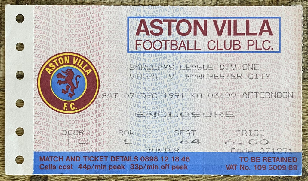 1991/92 ORIGINAL DIVISION 1 TICKET ASTON VILLA V MANCHESTER CITY
