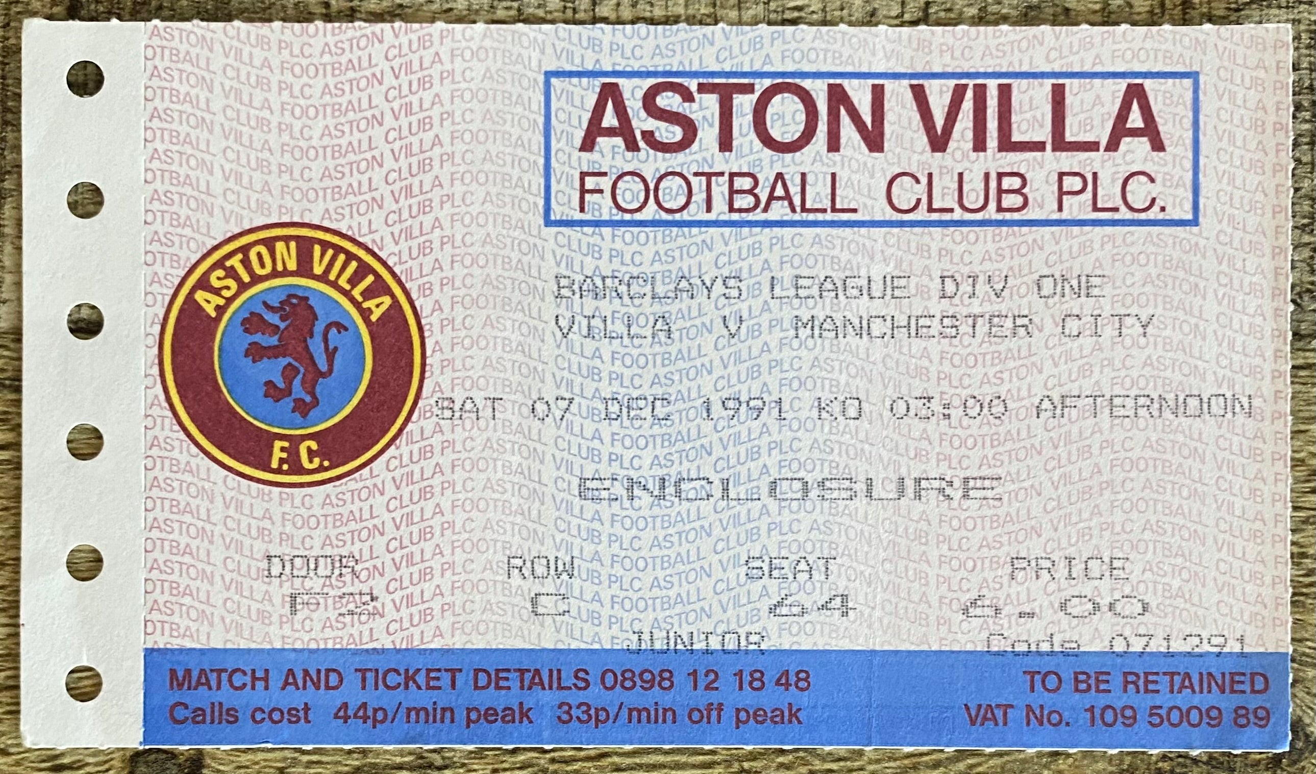 1991/92 ORIGINAL DIVISION 1 TICKET ASTON VILLA V MANCHESTER CITY