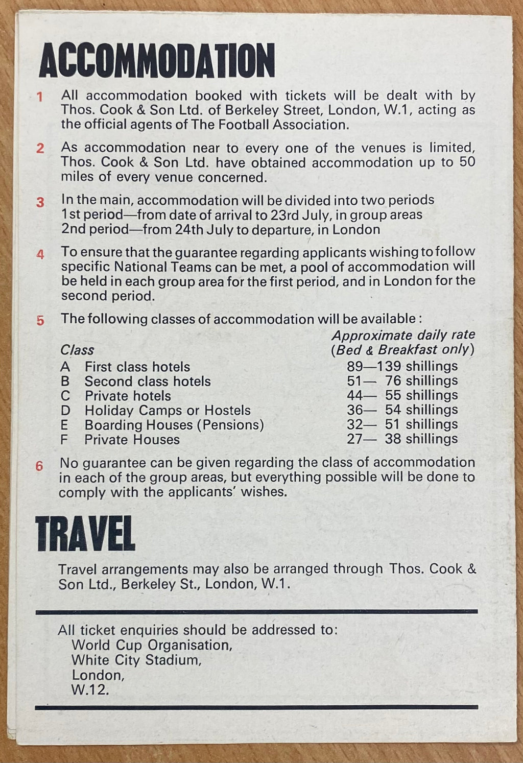 1966 WORLD CUP ORIGINAL OFFICIAL TICKET INFORMATION FOLD OUT BOOKLET (UPDATED VERSION)