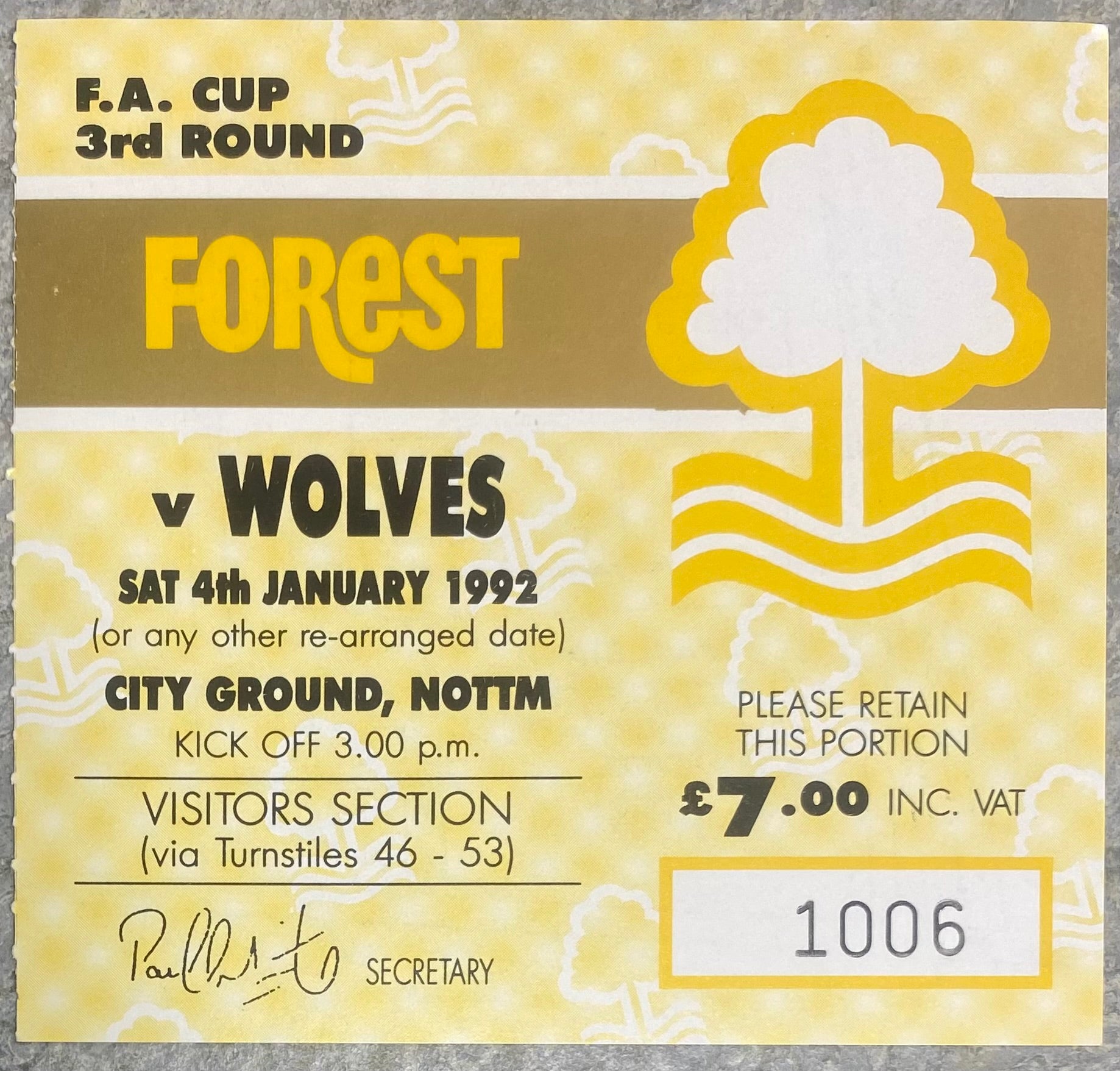 1991/92 ORIGINAL FA CUP 3RD ROUND TICKET NOTTINGHAM FOREST V WOLVERHAMPTON WANDERERS