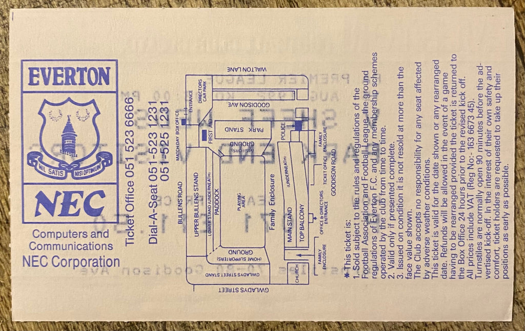 1992/93 ORIGINAL PREMIER LEAGUE TICKET EVERTON V SHEFFIELD WEDNESDAY