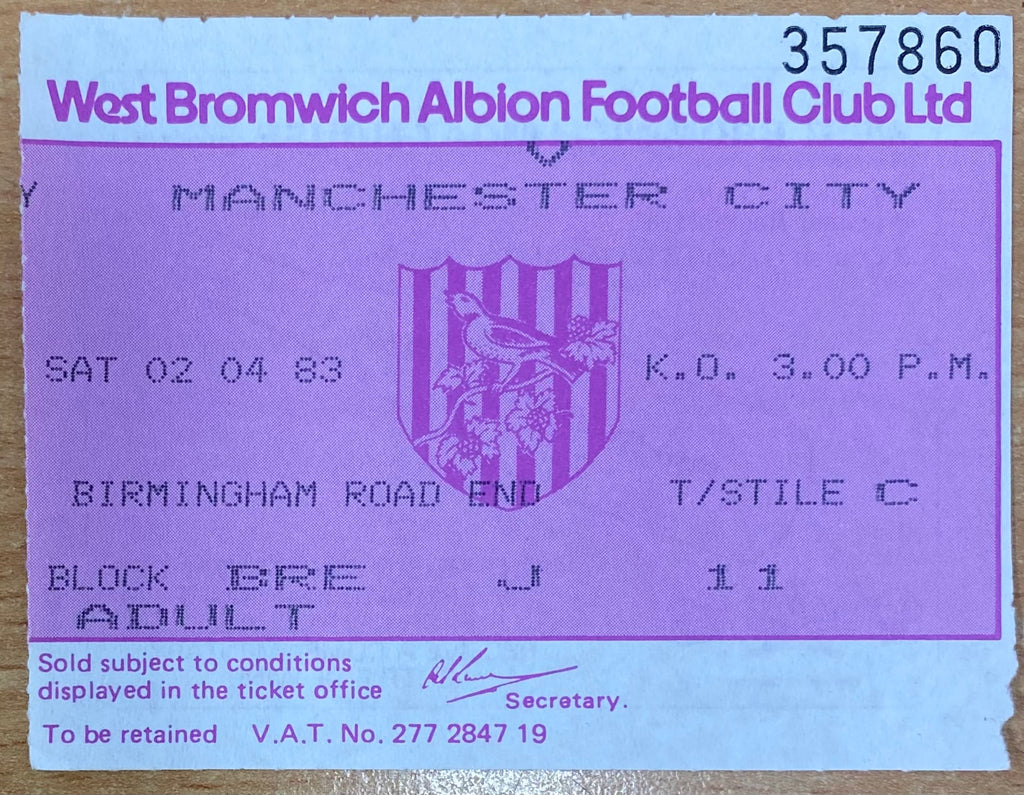 1982/83 ORIGINAL DIVISION 1 TICKET WEST BROMWICH ALBION V MANCHESTER CITY