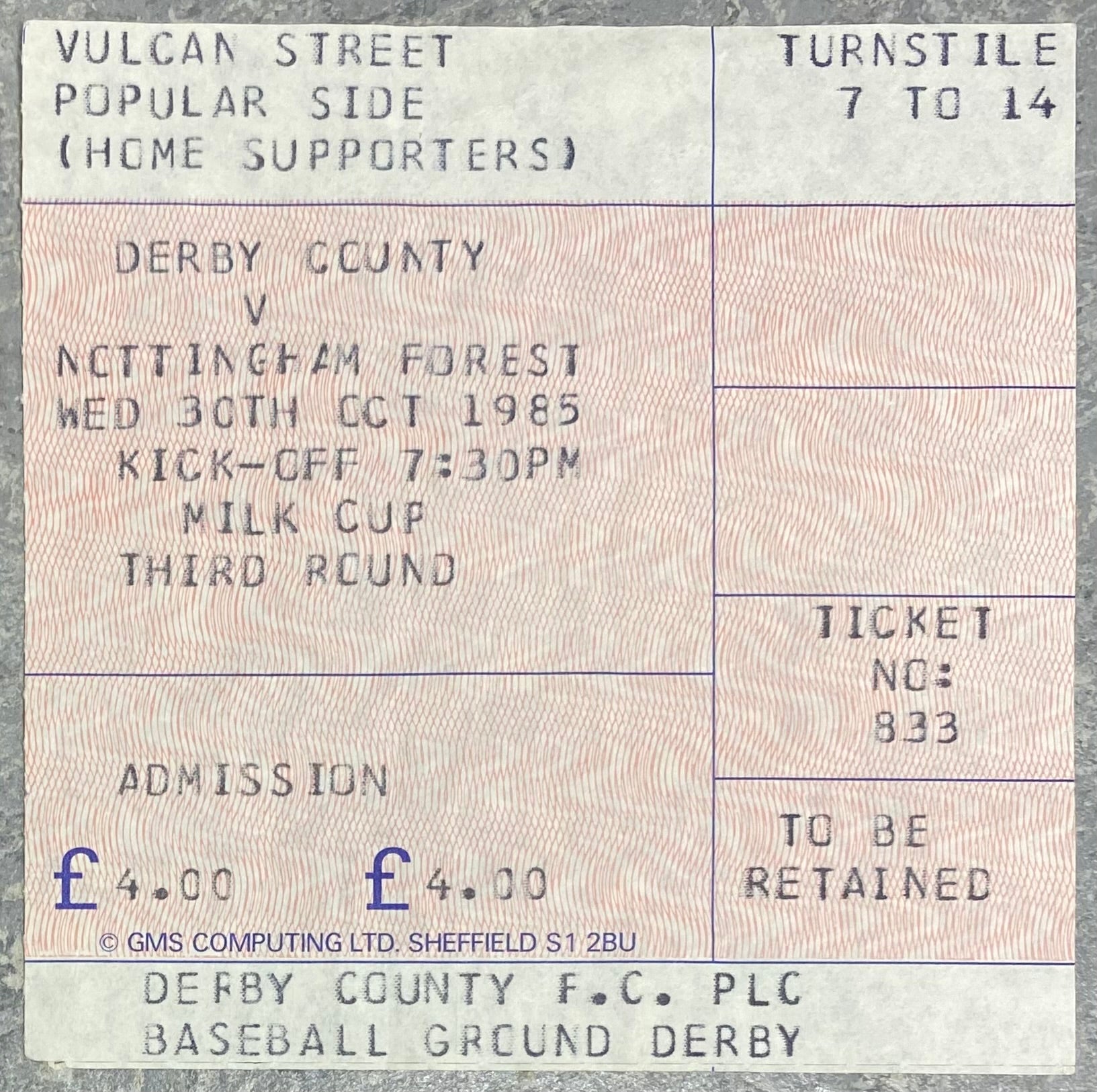 1983/84 ORIGINAL MILK CUP THIRD ROUND TICKET DERBY COUNTY V NOTTINGHAM FOREST