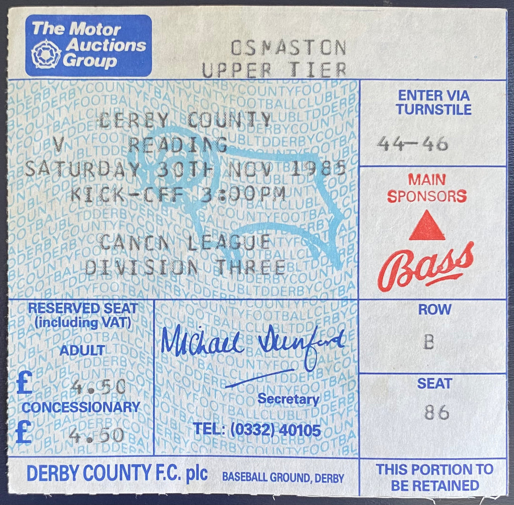 1985/86 ORIGINAL DIVISION 3 TICKET DERBY COUNTY V READING