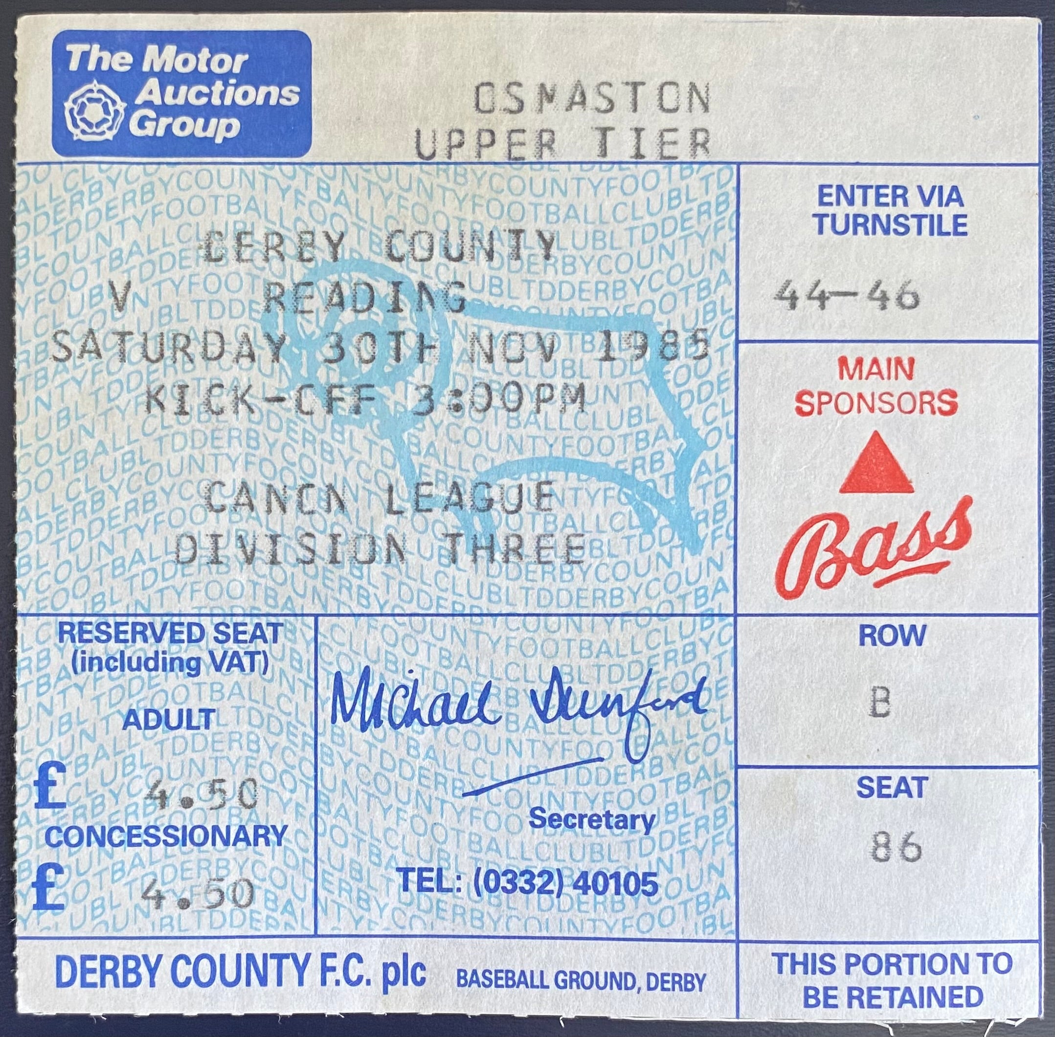 1985/86 ORIGINAL DIVISION 3 TICKET DERBY COUNTY V READING