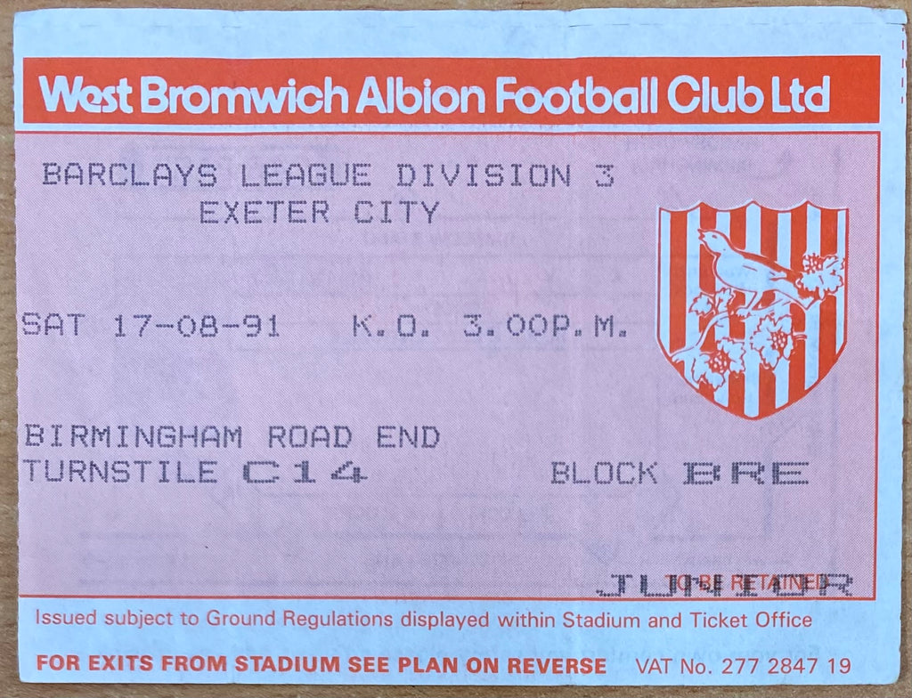 1991/92 ORIGINAL DIVISION 3 TICKET WEST BROMWICH ALBION V EXETER CITY
