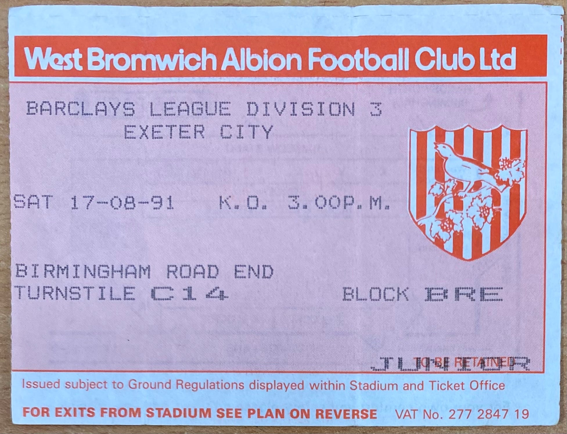1991/92 ORIGINAL DIVISION 3 TICKET WEST BROMWICH ALBION V EXETER CITY