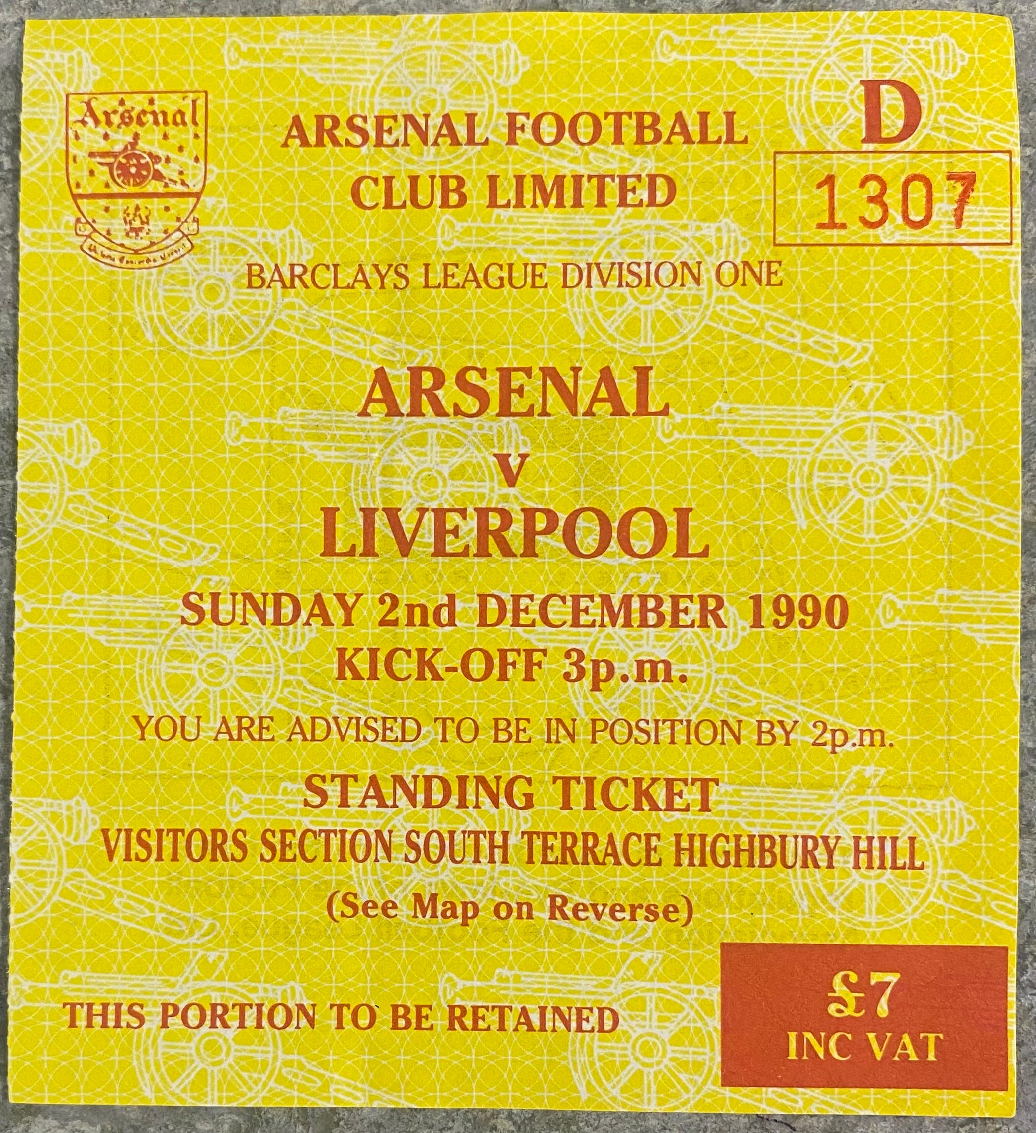 1990/91 ORIGINAL DIVISION ONE TICKET ARSENAL V LIVERPOOL