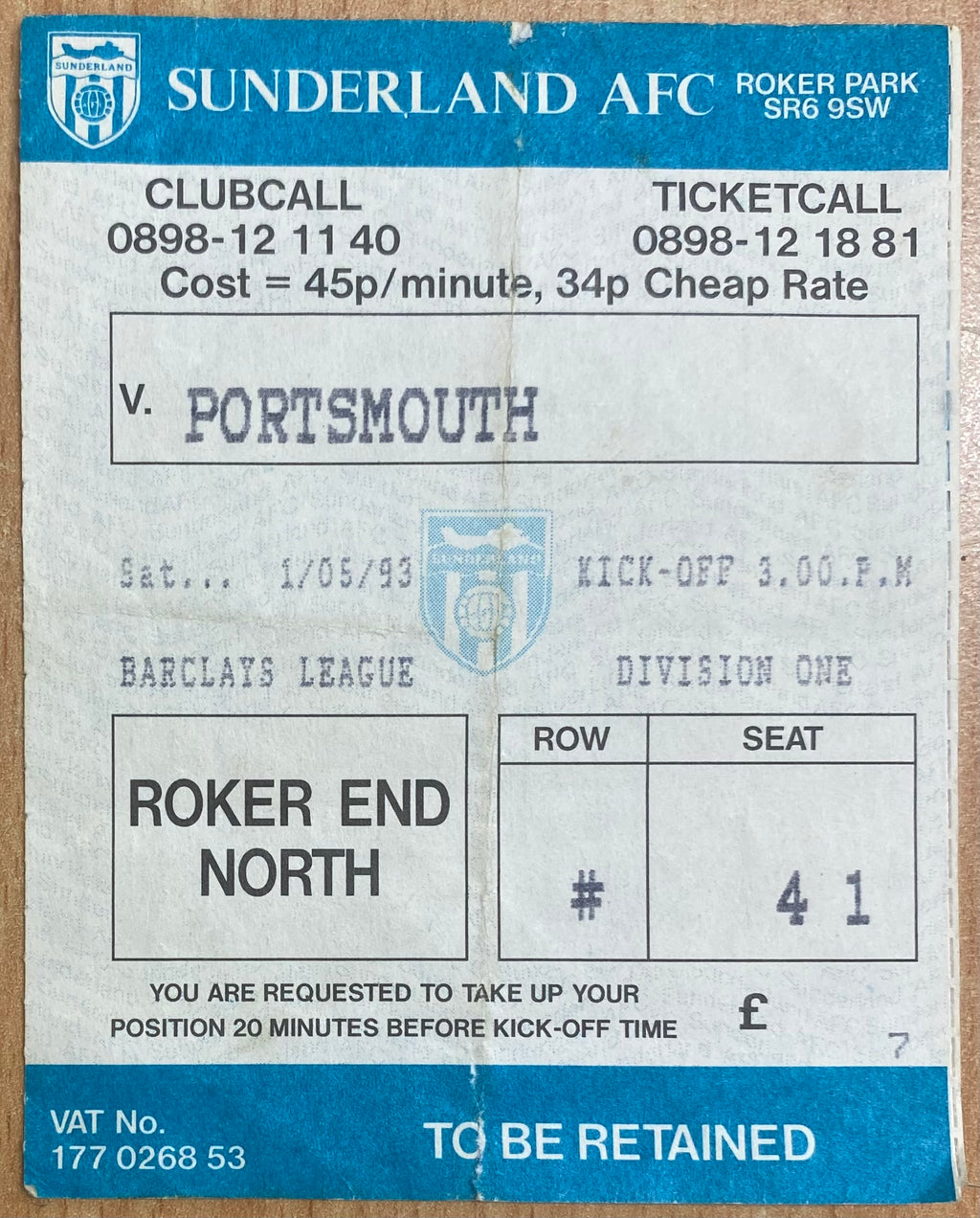 1992/93 ORIGINAL DIVISION 1 TICKET SUNDERLAND V PORTSMOUTH