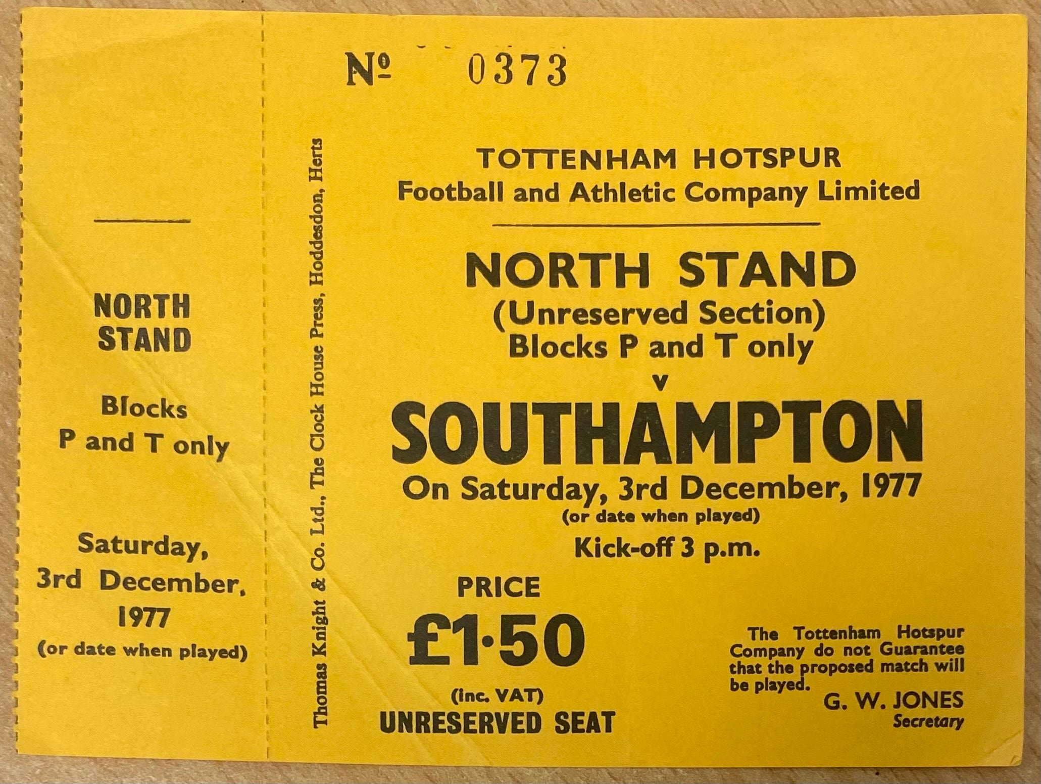 1977/78 ORIGINAL DIVISION TWO UNUSED TICKET TOTTENHAM HOTSPUR V SOUTHAMPTON