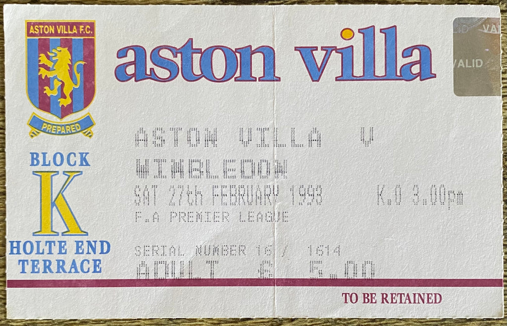 1992/93 ORIGINAL PREMIER LEAGUE TICKET ASTON VILLA V WIMBLEDON
