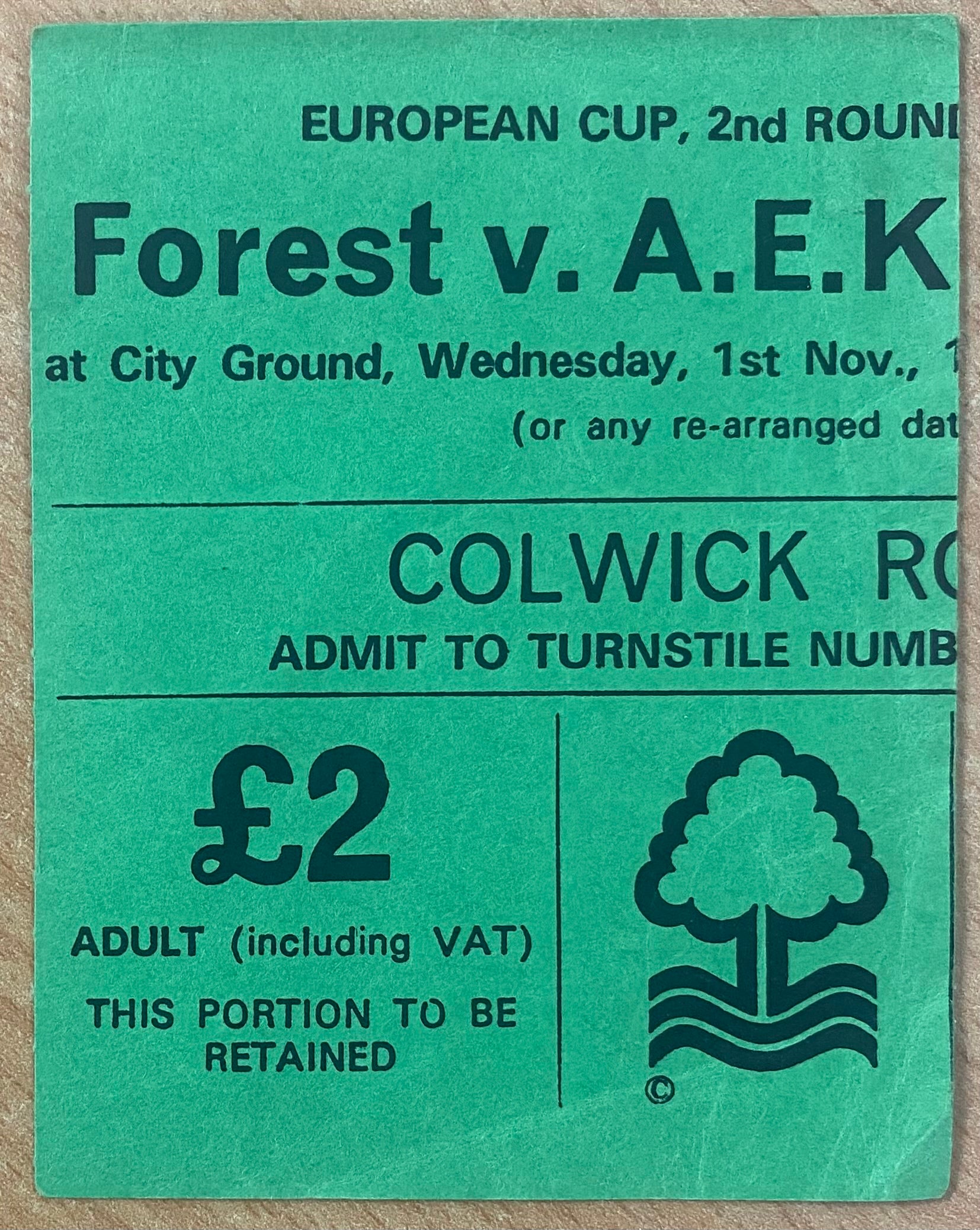 1978/79 ORIGINAL EUROPEAN CUP 2ND ROUND 2ND LEG TICKET NOTTINGHAM FOREST V AEK ATHENS