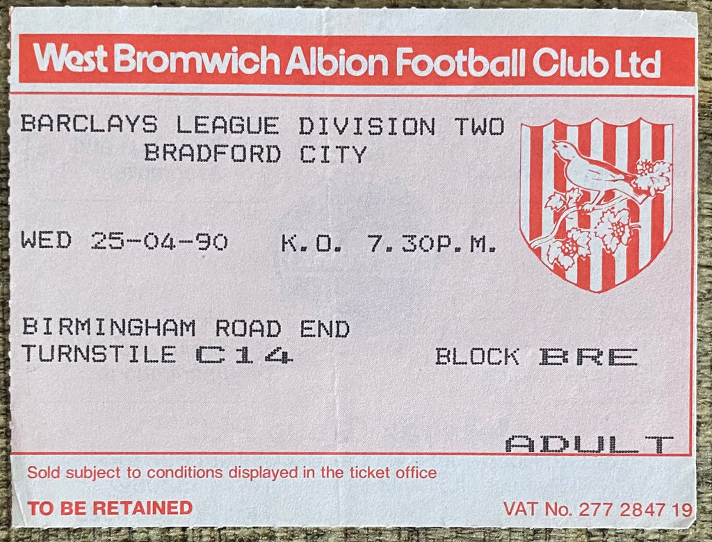 1989/90 ORIGINAL DIVISION 2 TICKET WEST BROMWICH ALBION V BRADFORD CITY