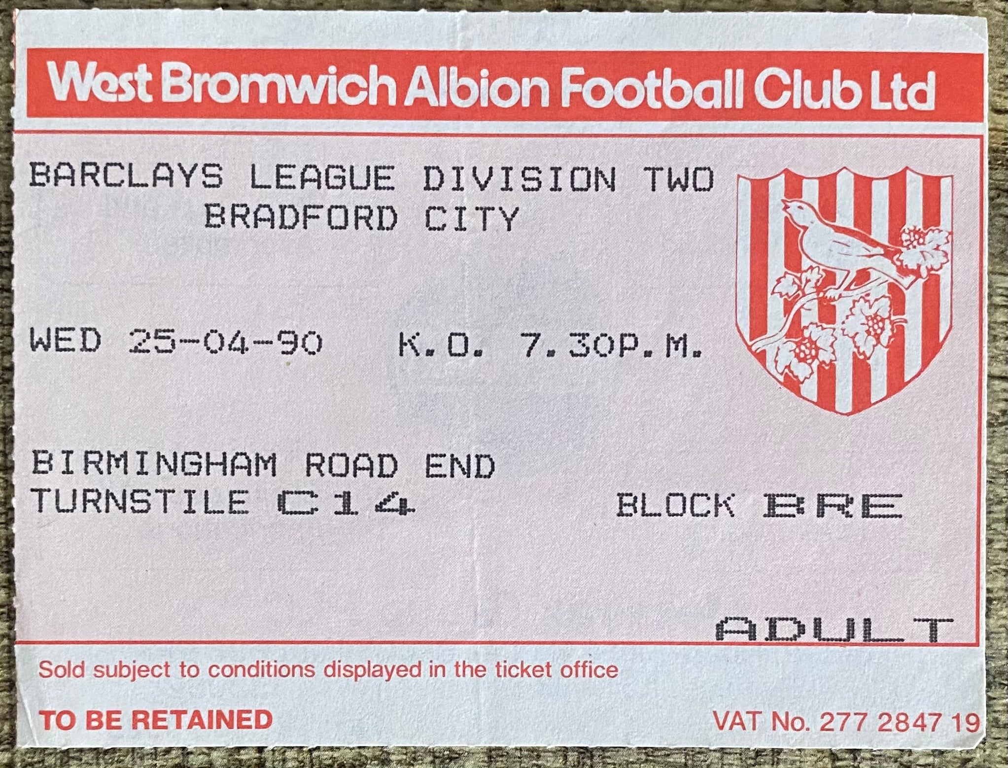 1989/90 ORIGINAL DIVISION 2 TICKET WEST BROMWICH ALBION V BRADFORD CITY