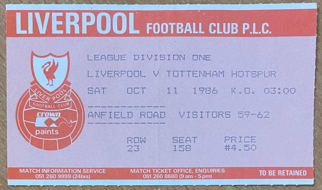 1986/87 ORIGINAL DIVISION ONE TICKET LIVERPOOL V TOTTENHAM HOTSPUR