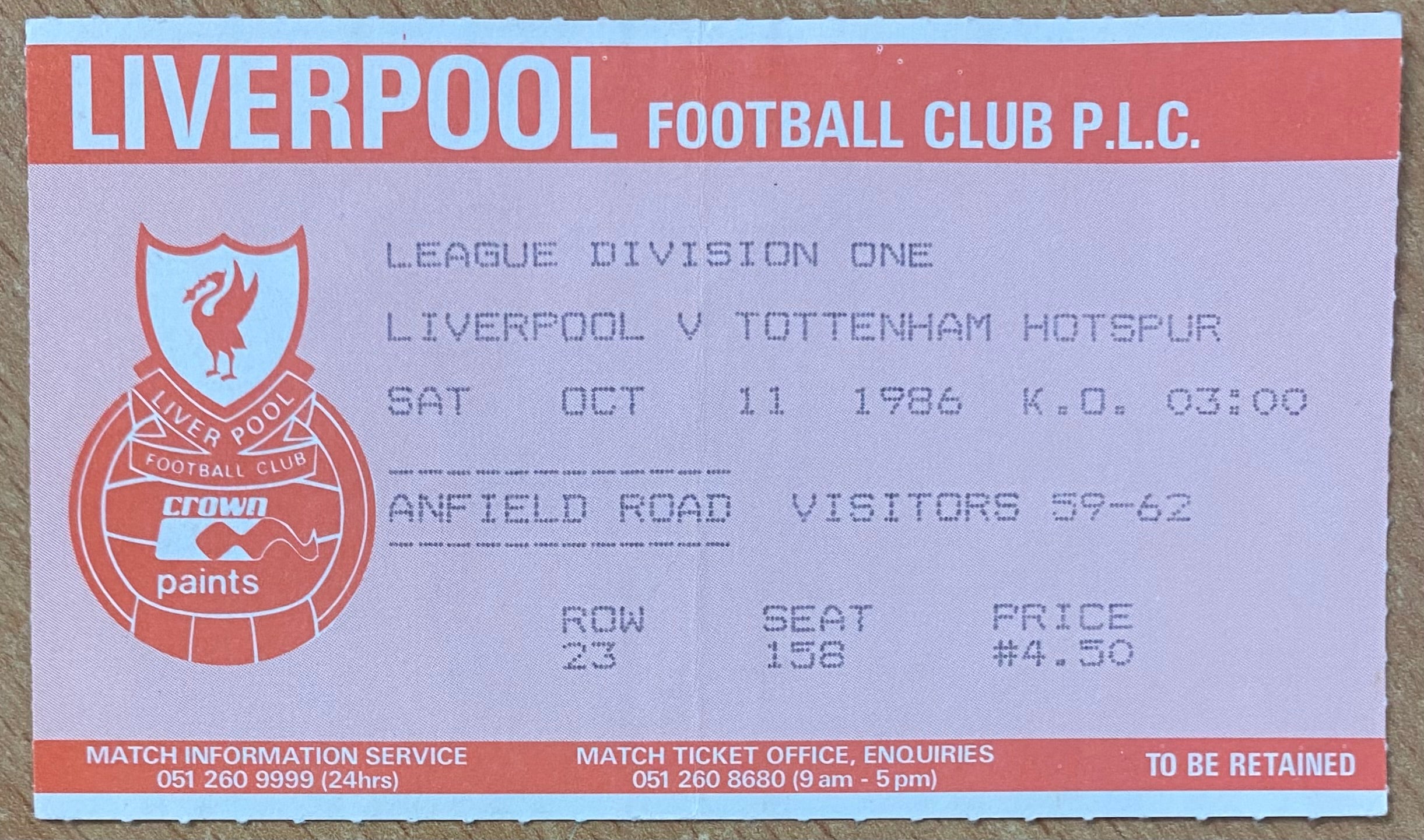 1986/87 ORIGINAL DIVISION ONE TICKET LIVERPOOL V TOTTENHAM HOTSPUR