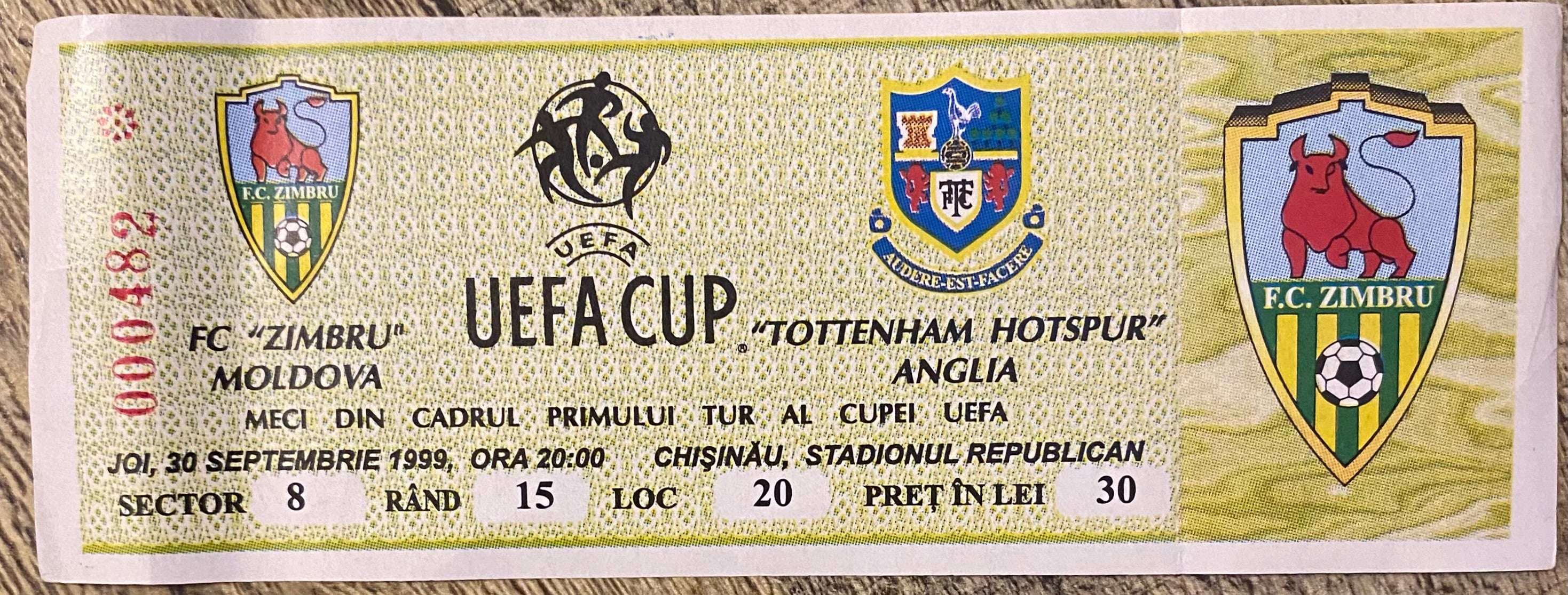 1999/2000 ORIGINAL UEFA CUP 1ST ROUND 2ND LEG TICKET ZIMBRU V TOTTENHAM HOTSPUR
