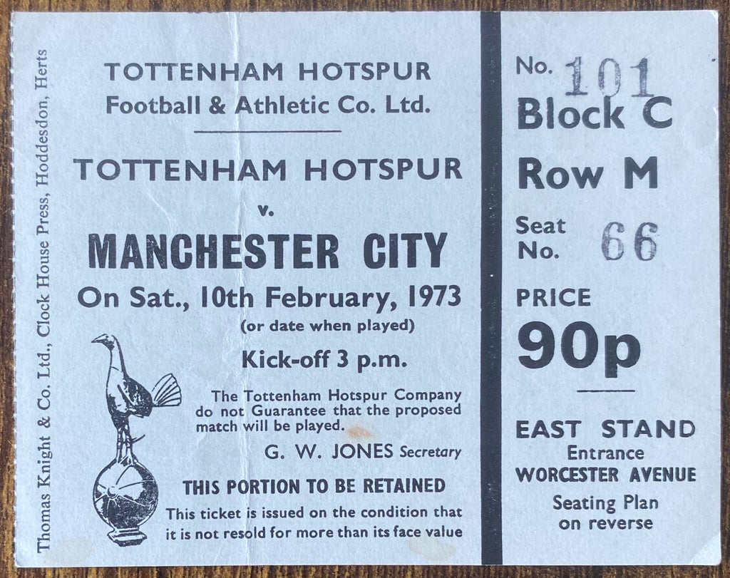 1972/73 ORIGINAL DIVISION ONE TICKET TOTTENHAM HOTSPUR V MANCHESTER CITY