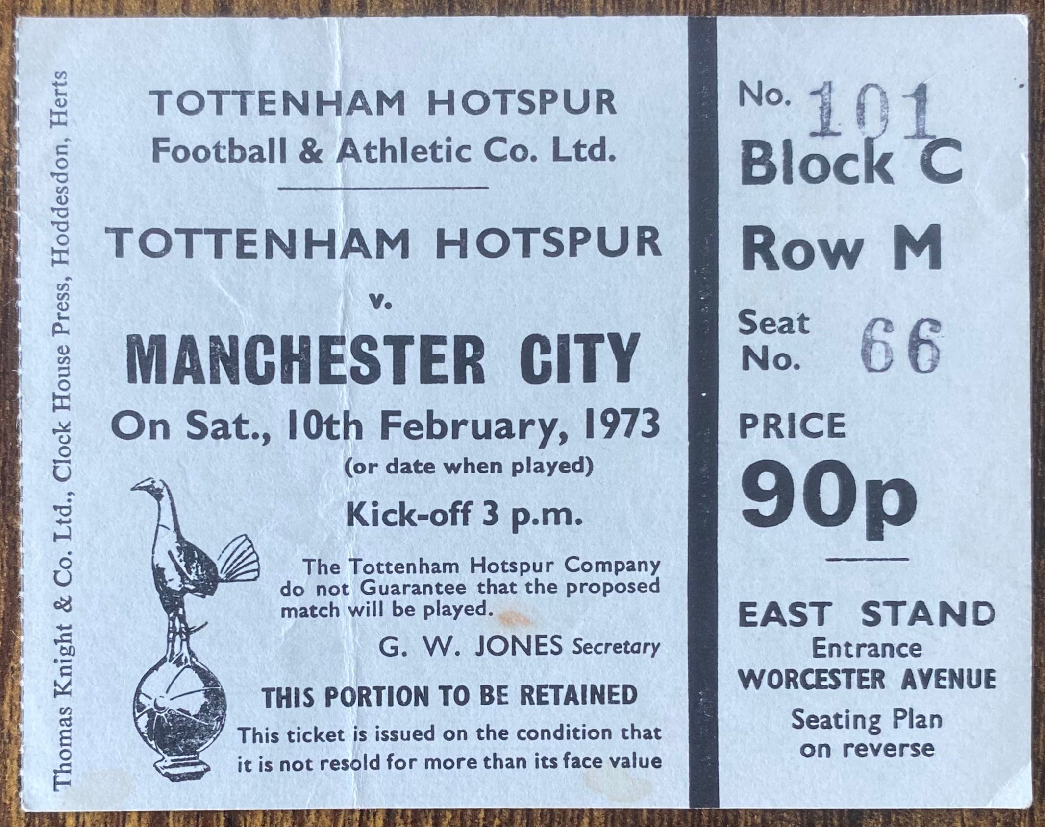 1972/73 ORIGINAL DIVISION ONE TICKET TOTTENHAM HOTSPUR V MANCHESTER CITY