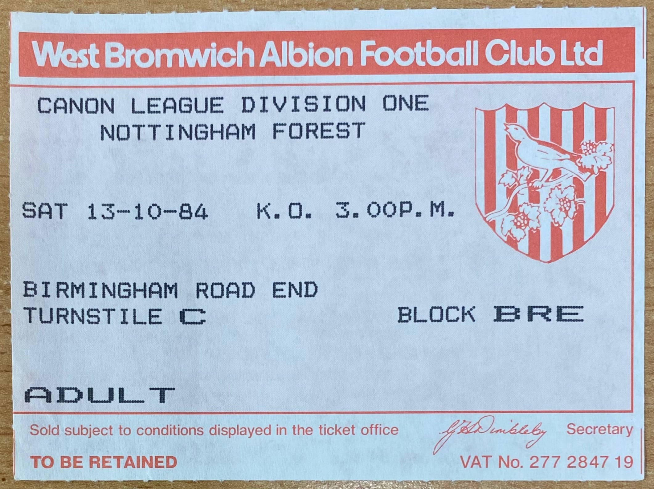 1984/85 ORIGINAL DIVISION 1 TICKET WEST BROMWICH ALBION V NOTTINGHAM FOREST