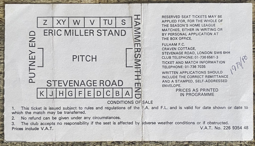 1979/80 ORIGINAL FA CUP 3RD ROUND REPLAY TICKET FULHAM V BLACKBURN ROVERS