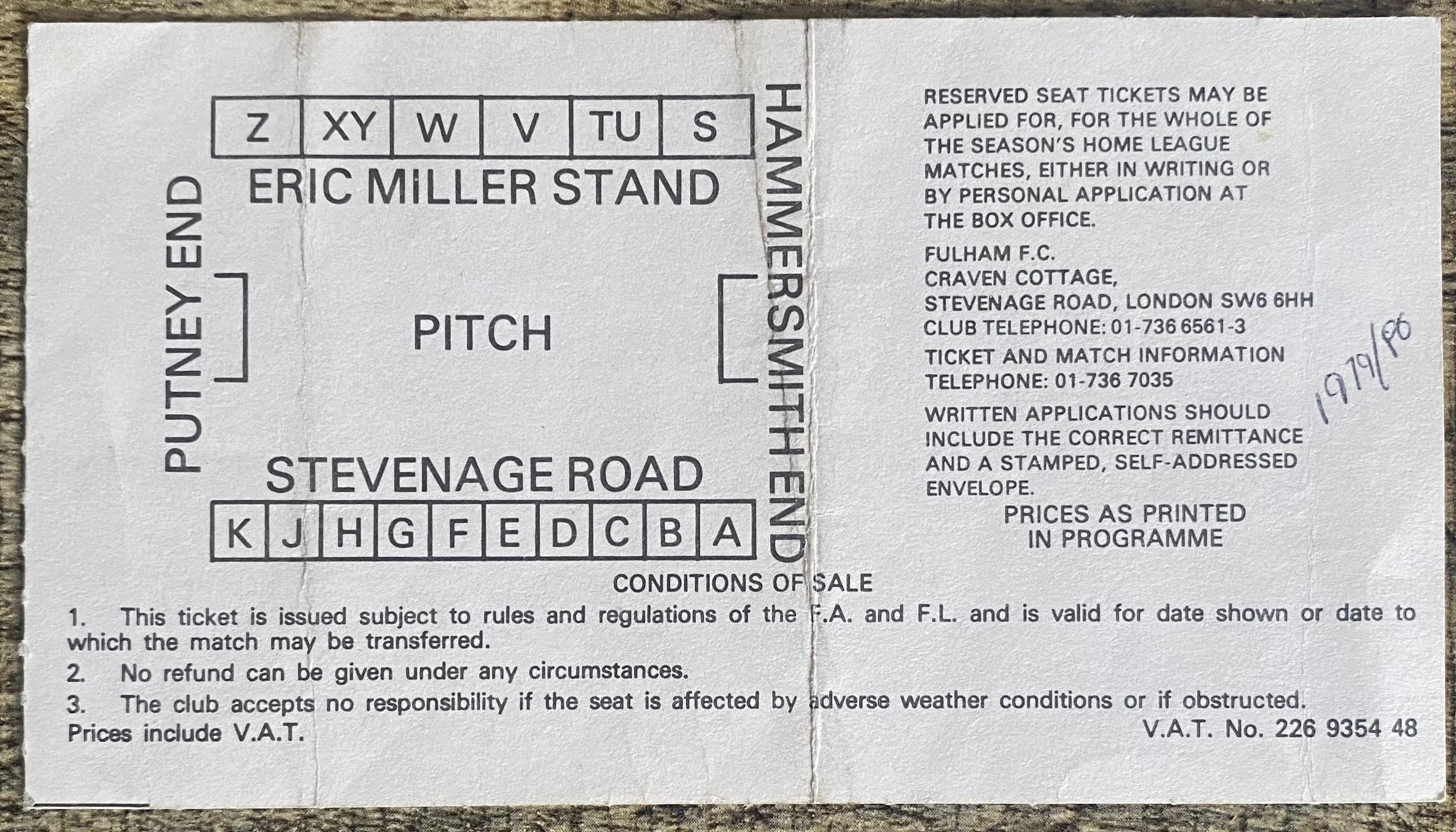 1979/80 ORIGINAL FA CUP 3RD ROUND REPLAY TICKET FULHAM V BLACKBURN ROVERS