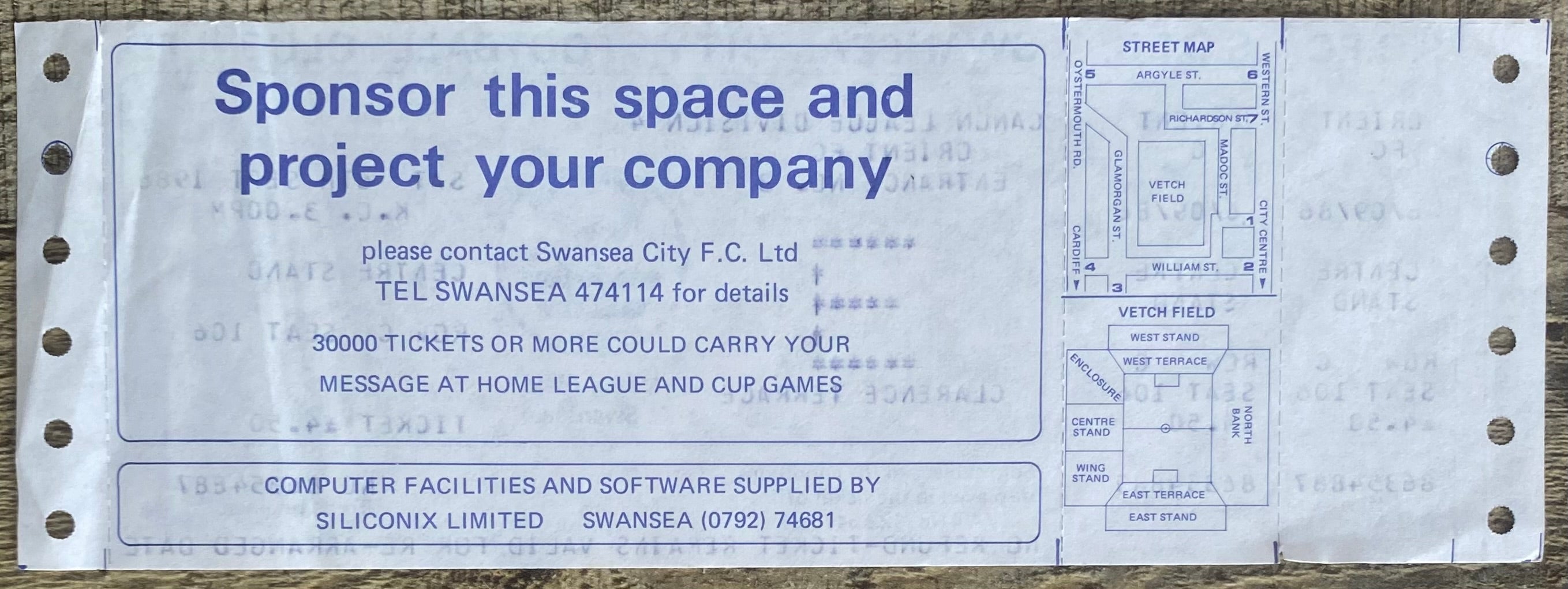 1986/87 ORIGINAL DIVISION 4 UNUSED TICKET SWANSEA CITY V ORIENT