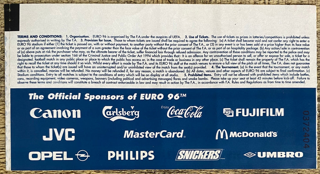 1996 ORIGINAL EUROPEAN CHAMPIONSHIPS EURO 96 SEMI FINAL TICKET ENGLAND V GERMANY @ WEMBLEY