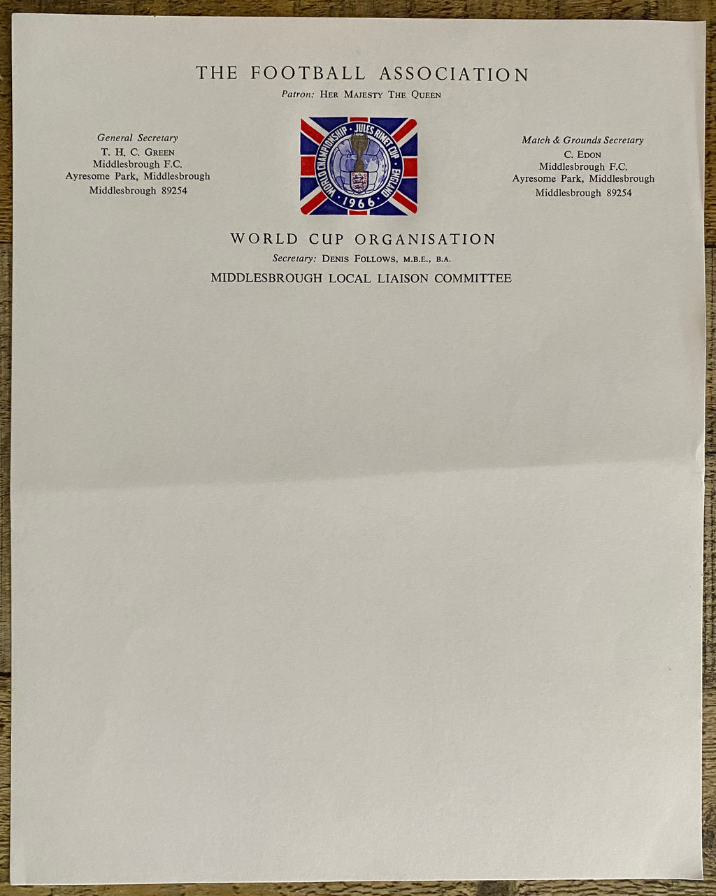 1966 WORLD CUP ORGANISATION ORIGINAL OFFICIAL UNUSED LETTER AYRESOME PARK