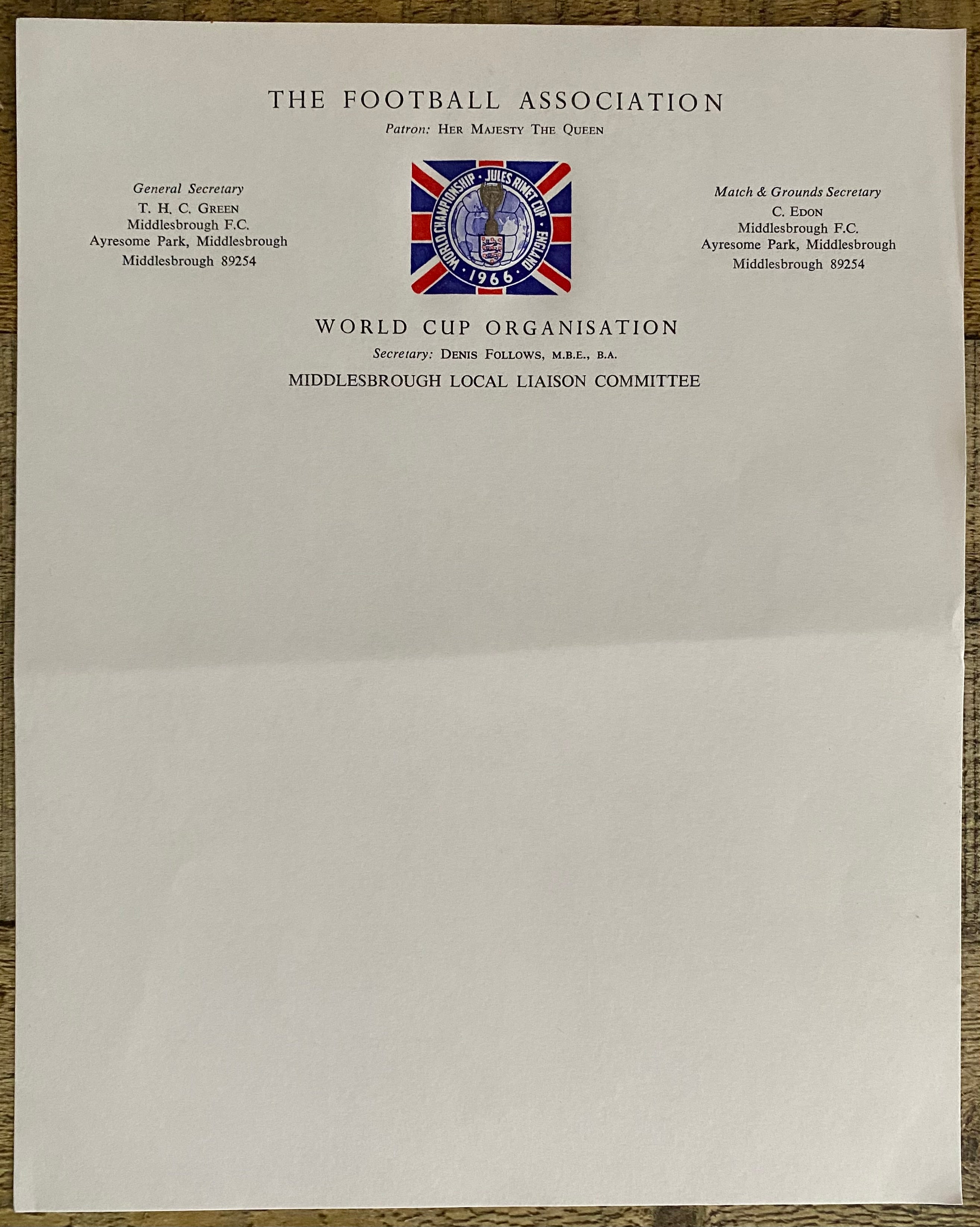 1966 WORLD CUP ORGANISATION ORIGINAL OFFICIAL UNUSED LETTER AYRESOME PARK