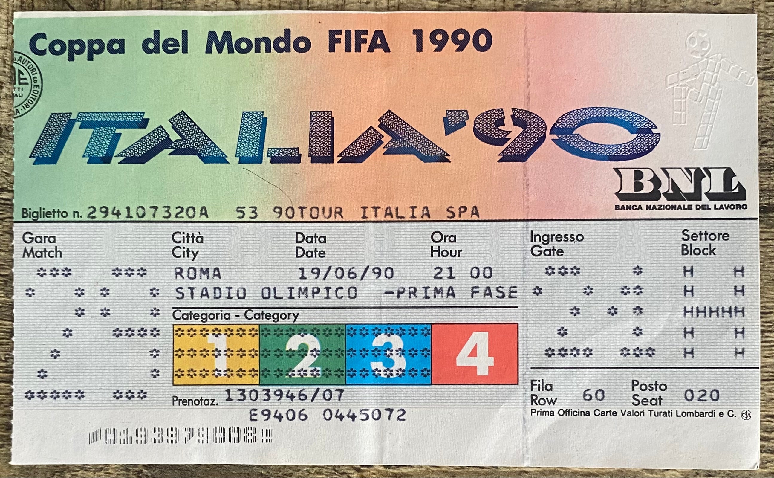 1990 ORIGINAL WORLD CUP 1ST ROUND TICKET ITALY V CZECHOSLOVAKIA @ ROME