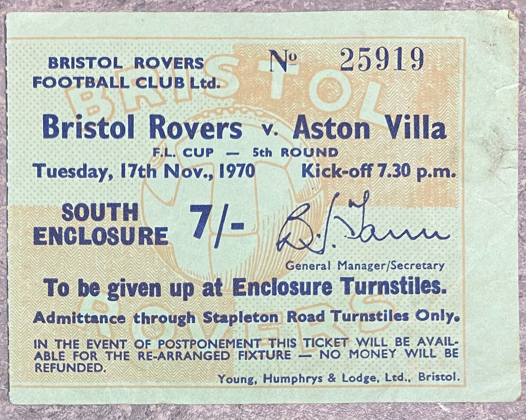 1970/71 ORIGINAL LEAGUE CUP 5TH ROUND TICKET BRISTOL ROVERS V ASTON VILLA