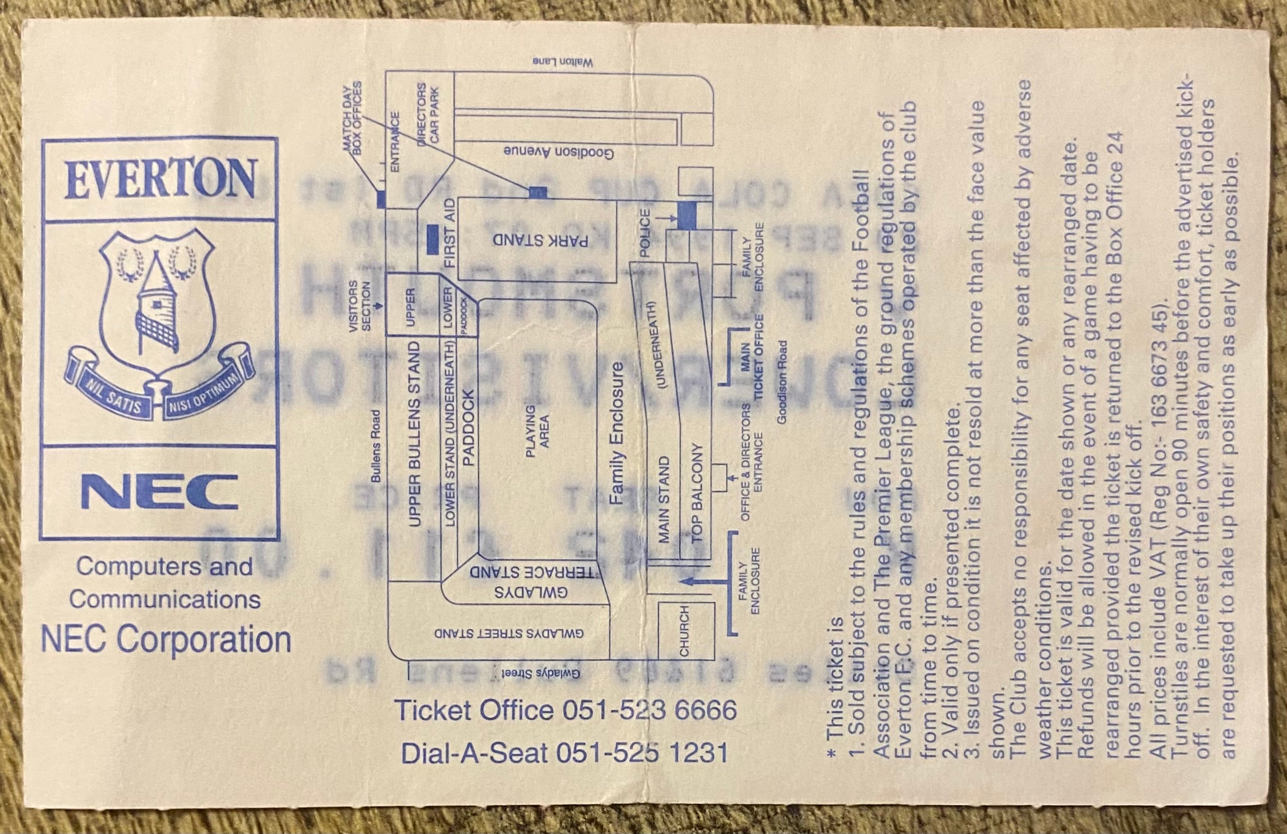 1994/95 ORIGINAL COCA COLA CUP 2ND ROUND 1ST LEG TICKET EVERTON V PORTSMOUTH