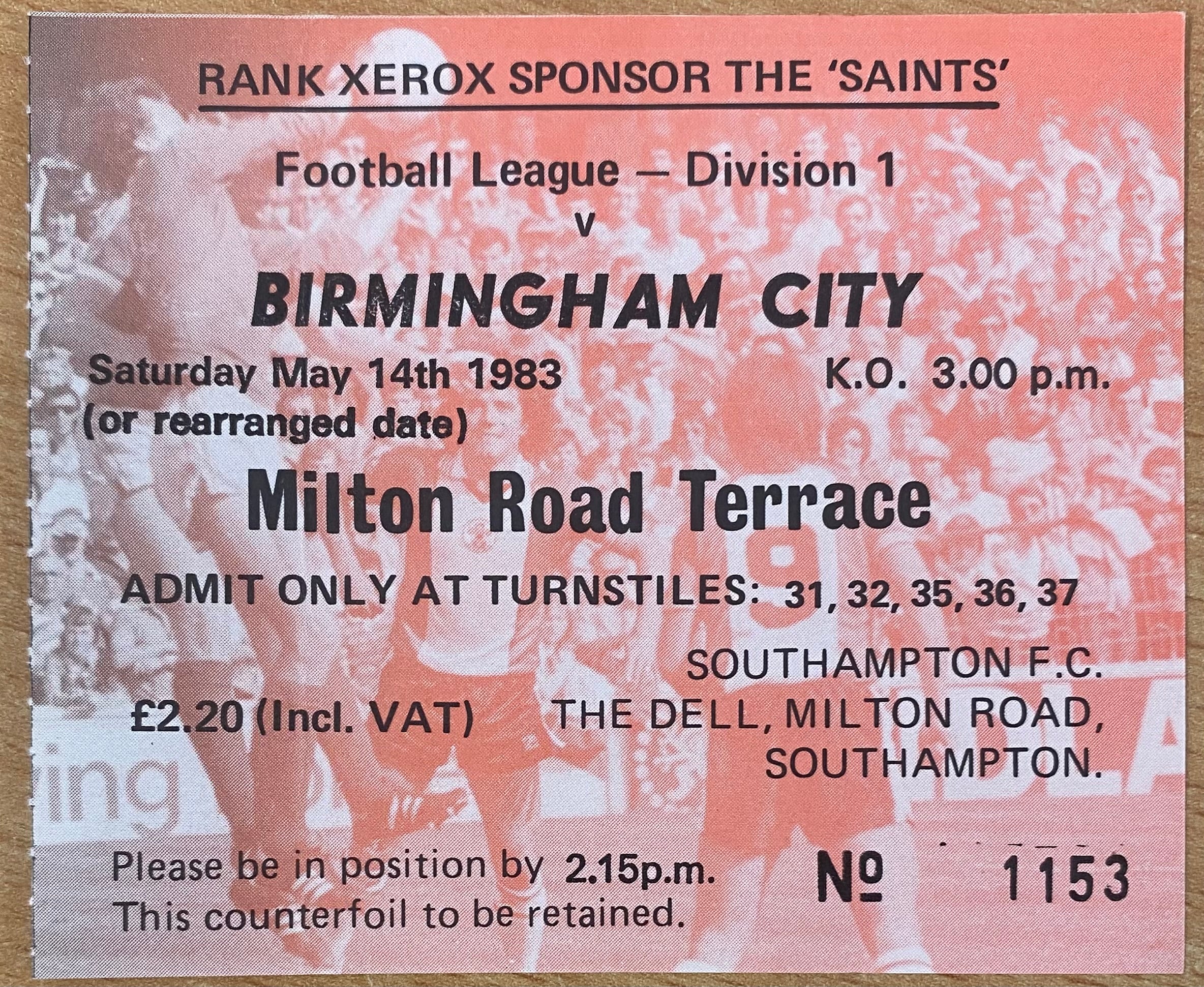 1982/83 ORIGINAL DIVISION ONE TICKET SOUTHAMPTON V BIRMINGHAM CITY