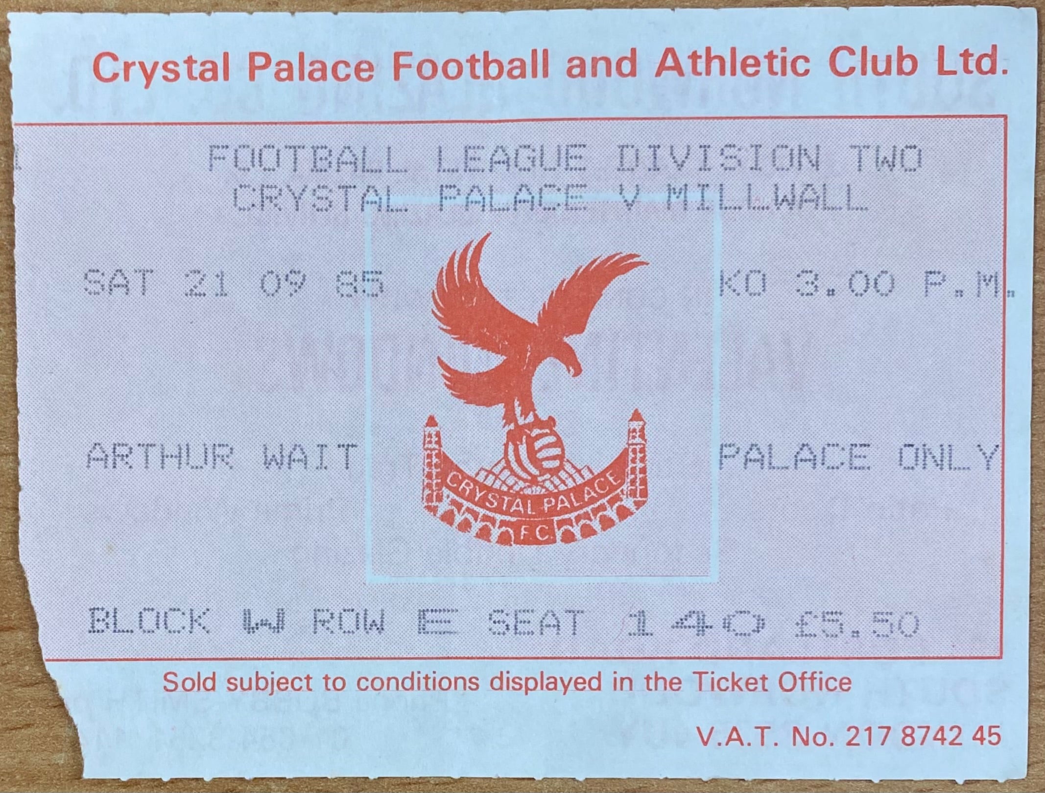 1985/86 ORIGINAL DIVISION 2 TICKET CRYSTAL PALACE V MILLWALL