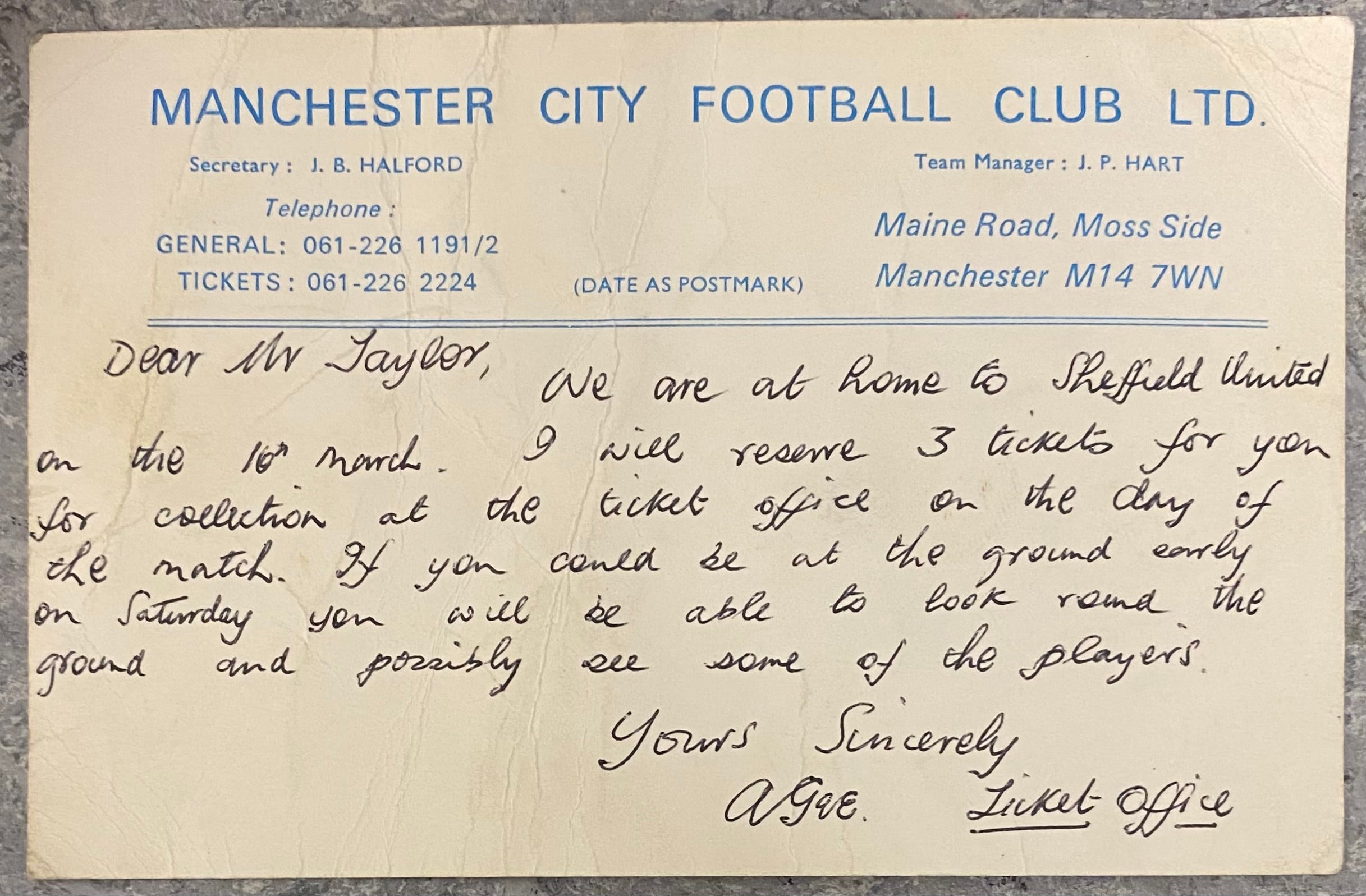 1973/74 ORIGINAL DIVISION 1 TICKET MANCHESTER CITY V SHEFFIELD UNITED + TICKET OFFICE CORRESPONDENCE