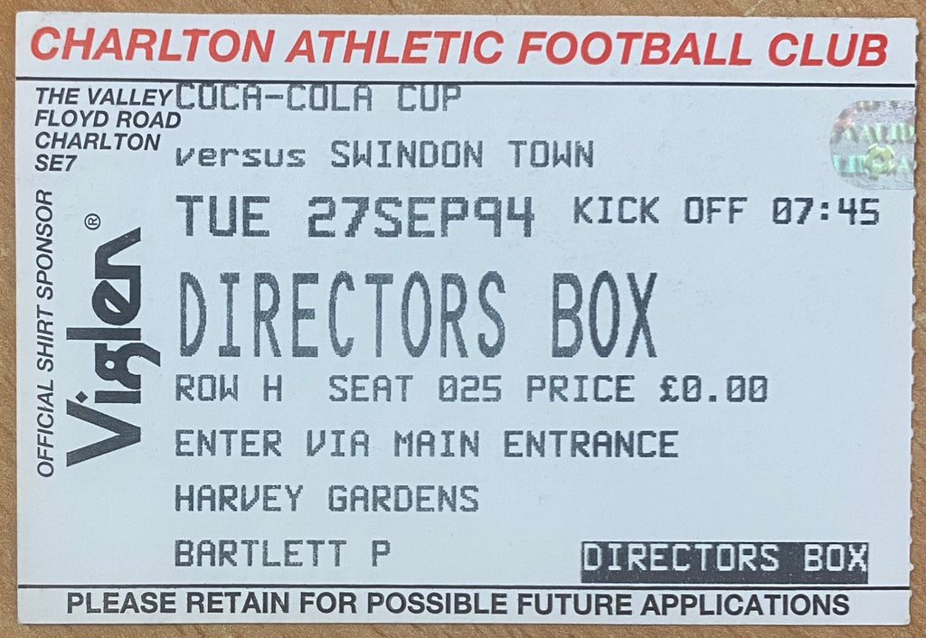 1994/95 ORIGINAL COCA COLA CUP 2ND ROUND 2ND LEG TICKET CHARLTON ATHLETIC V SWINDON TOWN