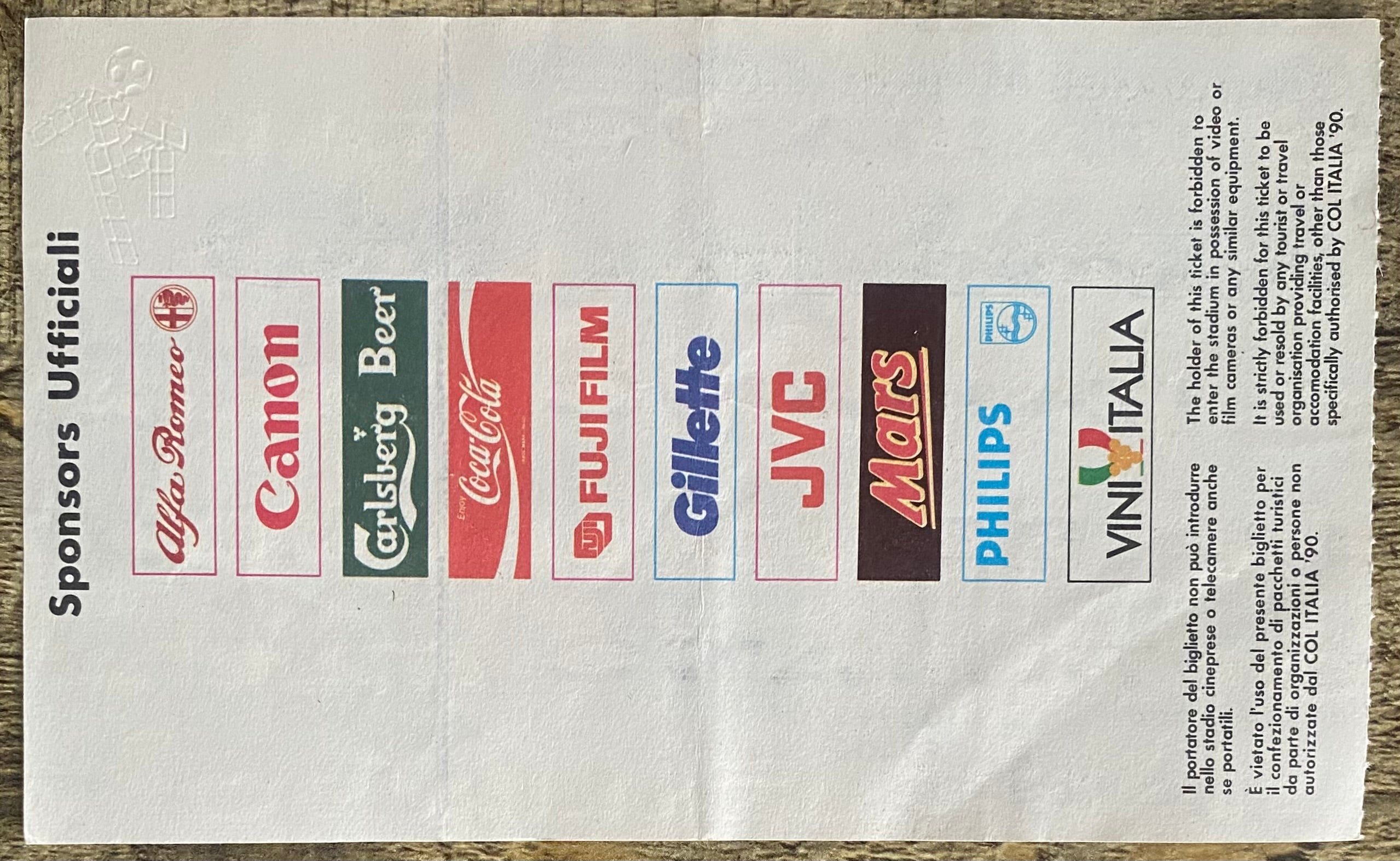 1990 ORIGINAL WORLD CUP 1ST ROUND TICKET ITALY V CZECHOSLOVAKIA @ ROME